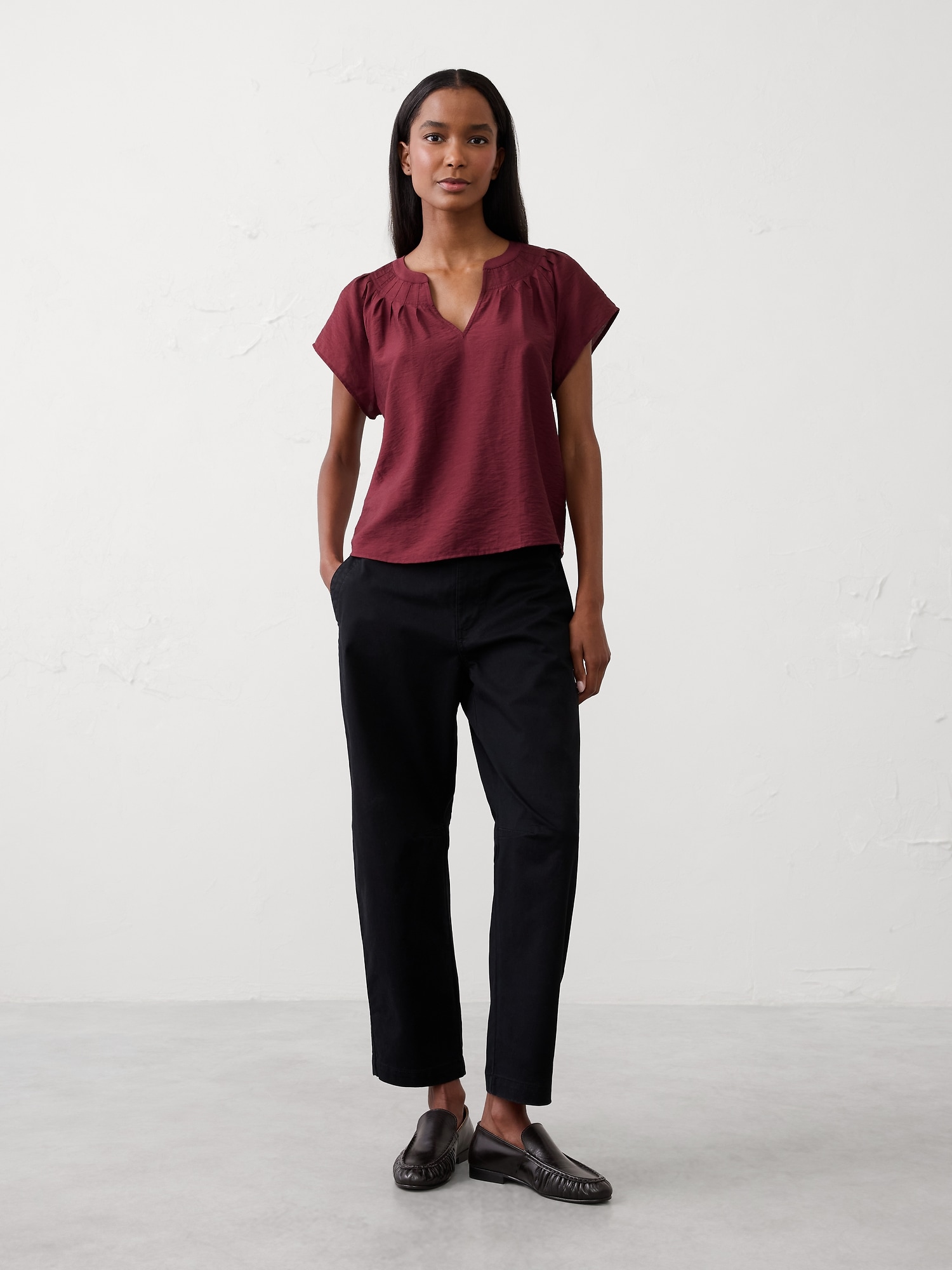 Stitched Pleat-Neck Top - Bright Wine