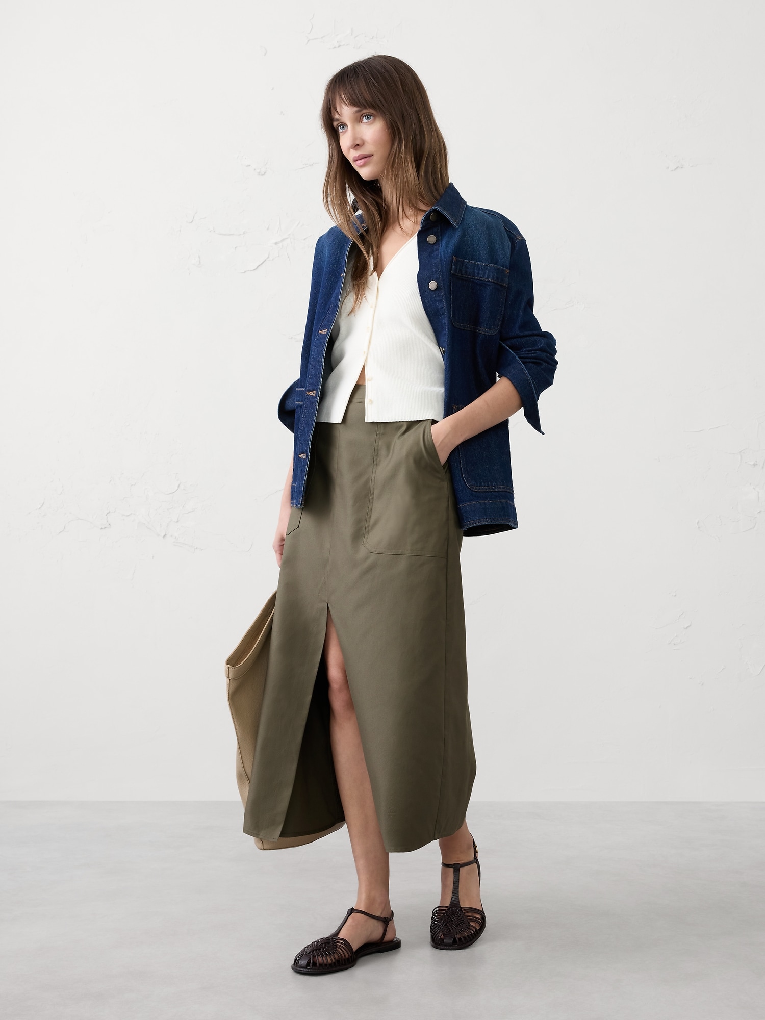 TWILL PENCIL MIDI SKIRT - Dark Olive