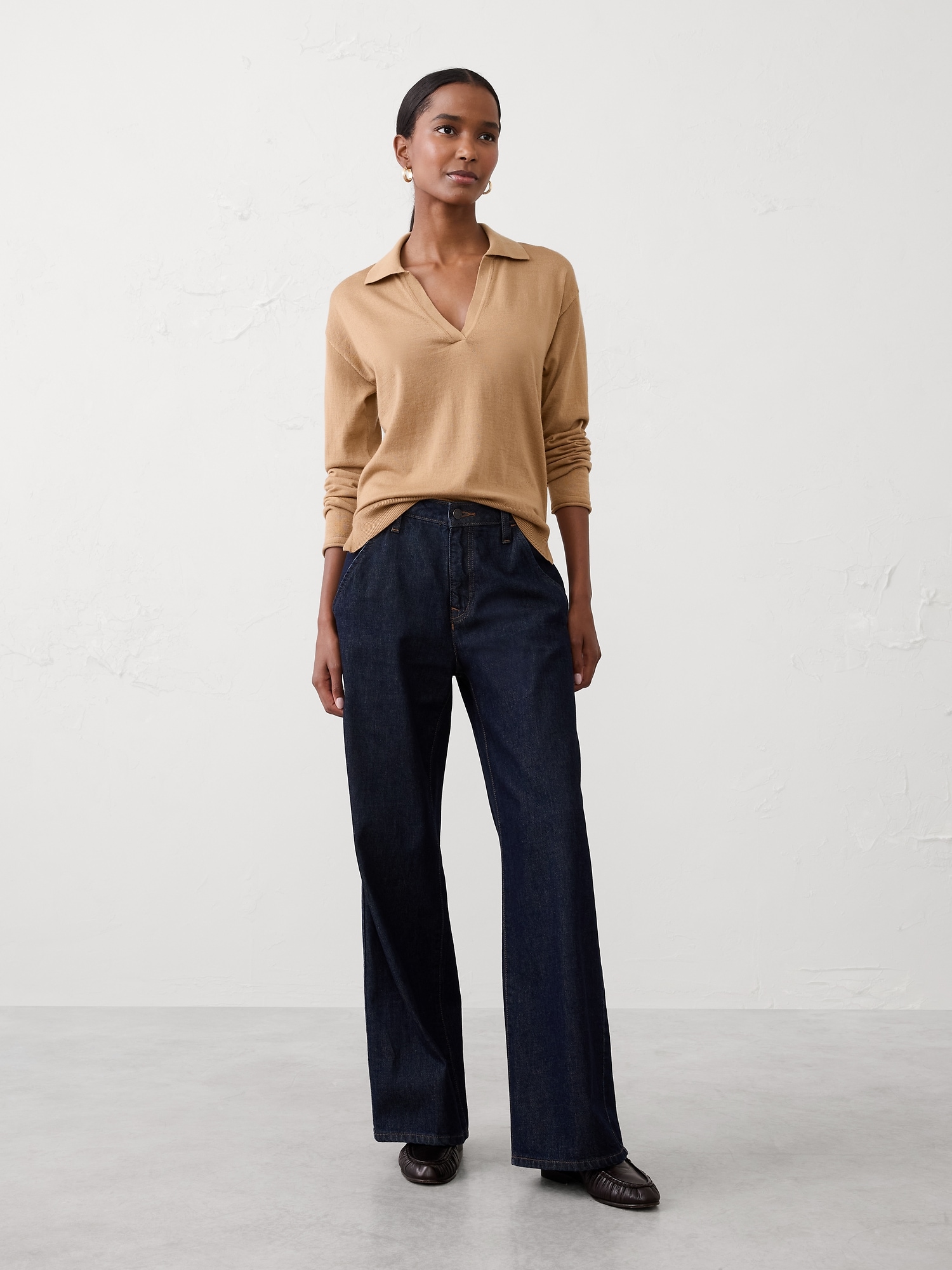 Merino Wool Johnny-Collar Sweater - Camel