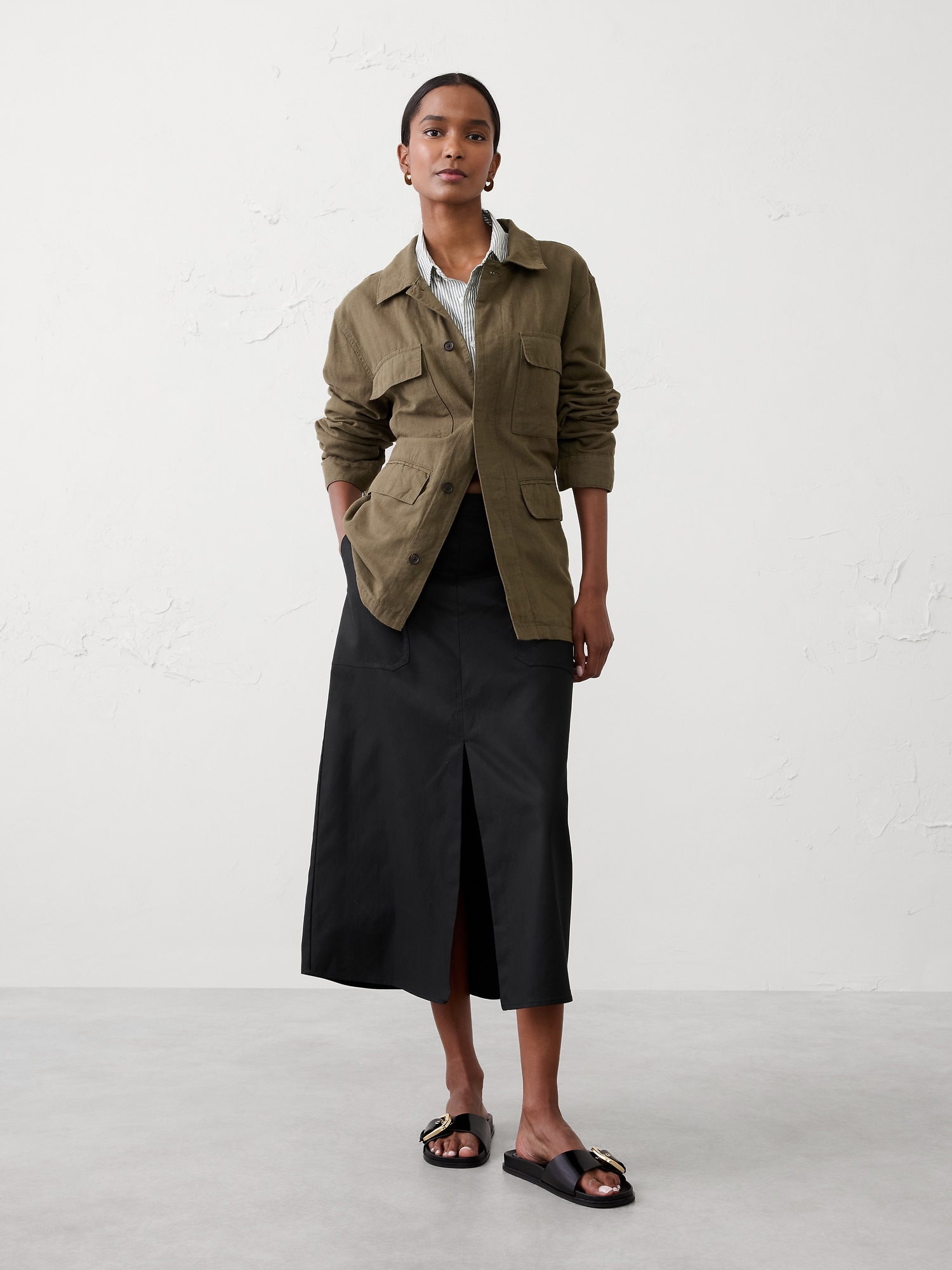 TWILL PENCIL MIDI SKIRT - Black