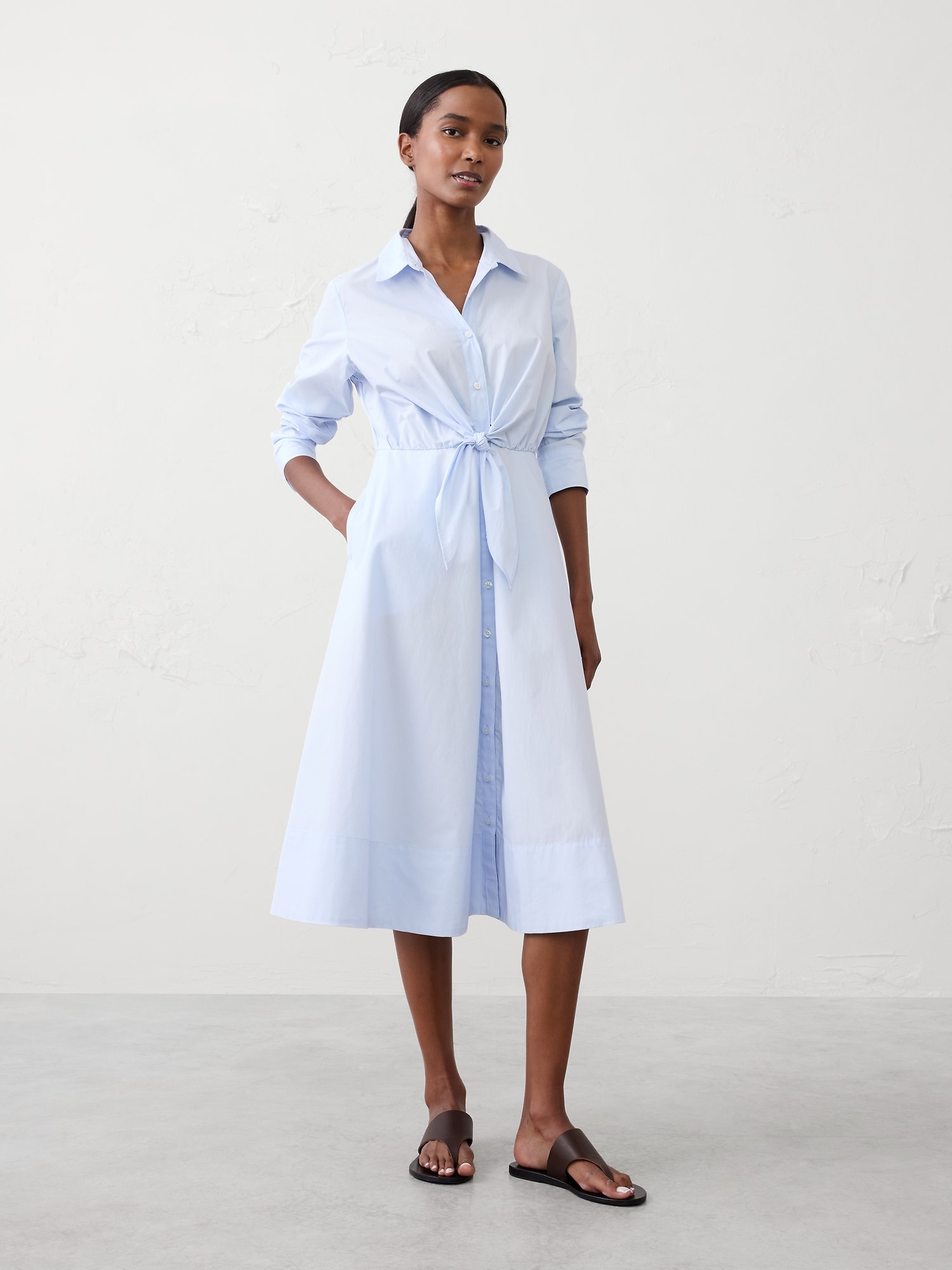 Cuffed Tie-Front Midi Shirtdress - Blue
