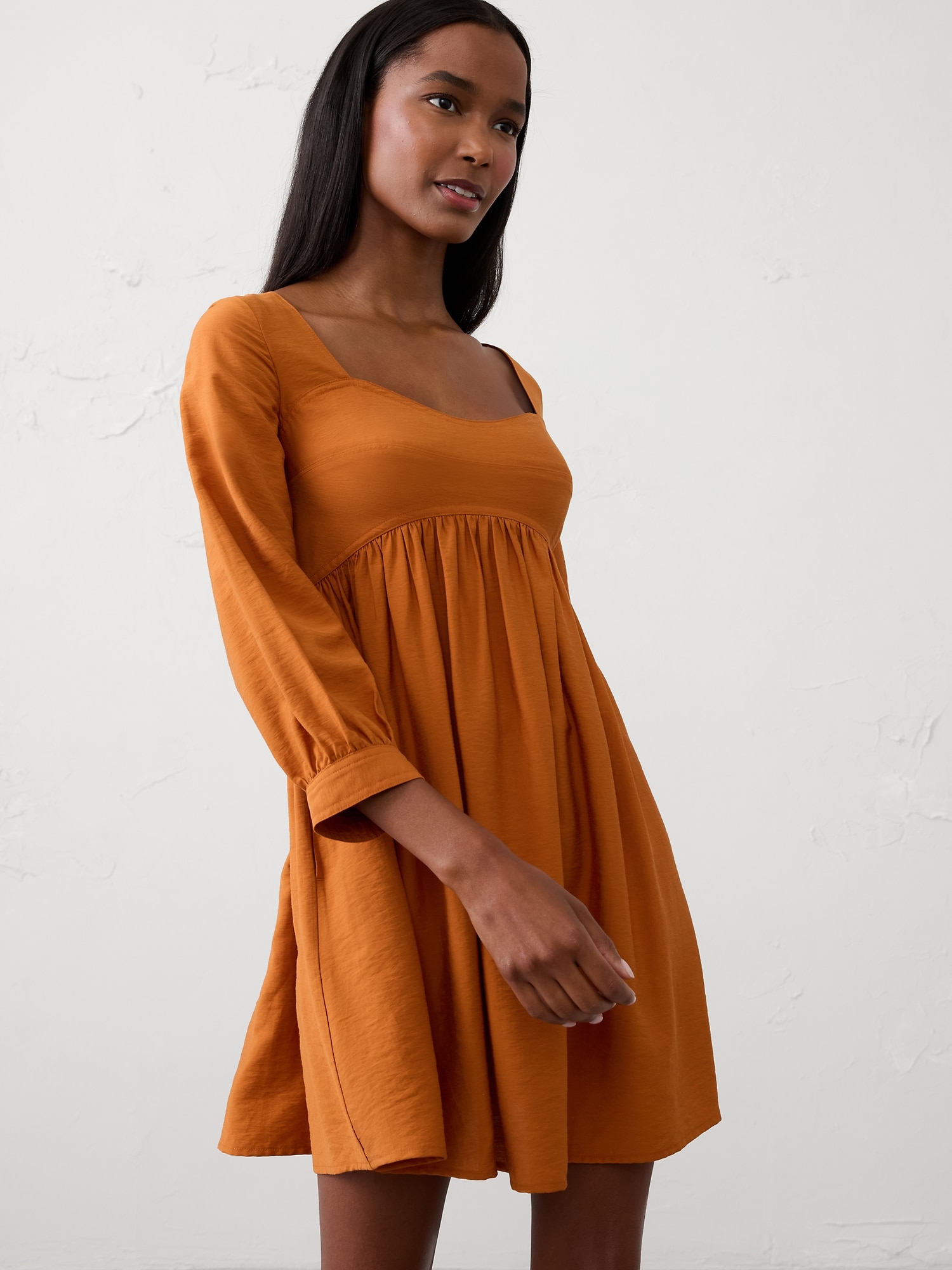 Gathered-Waist Mini Dress - Orange