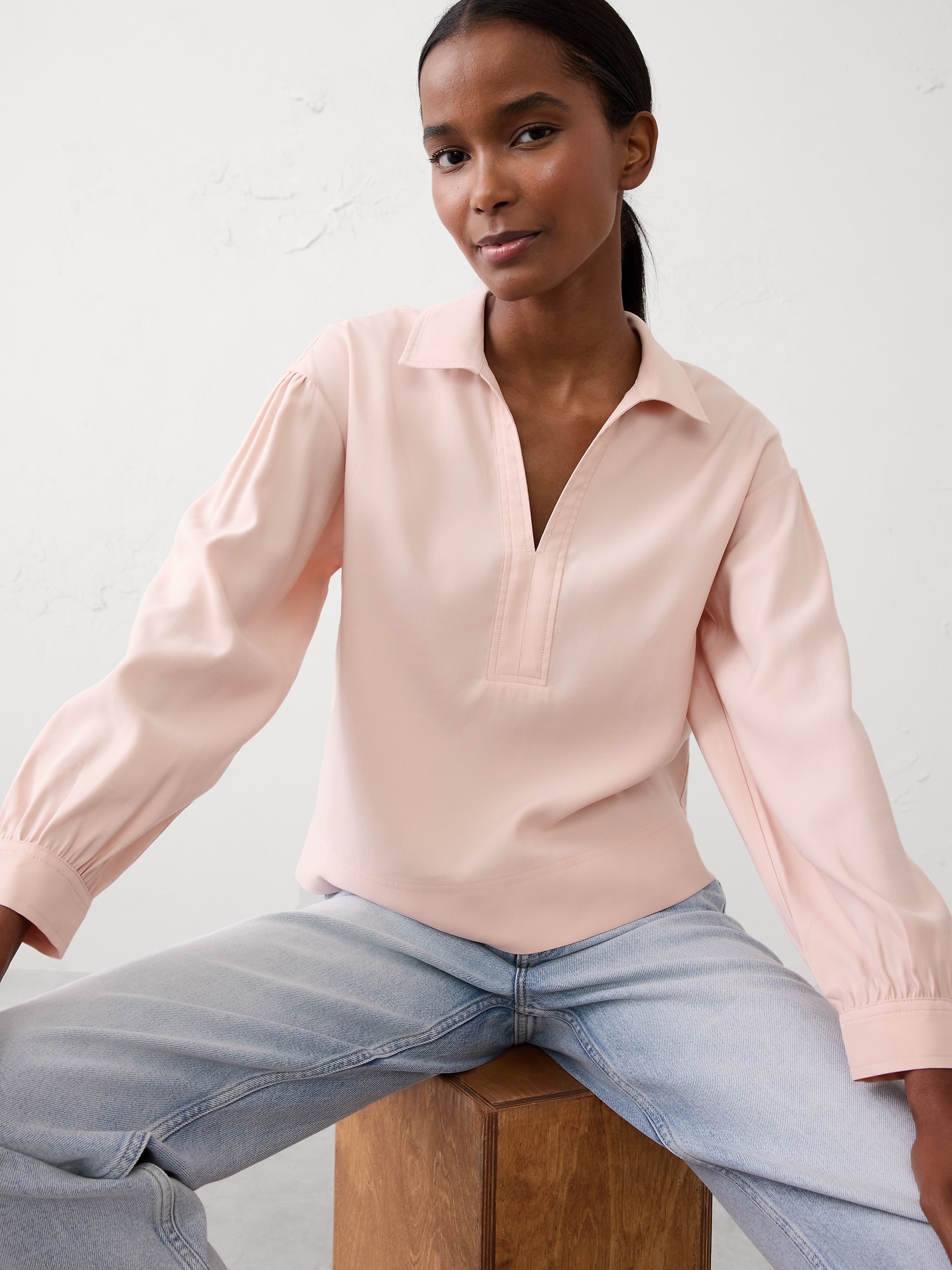 Image number 3 showing, Johnny-Collar Twill Popover Top