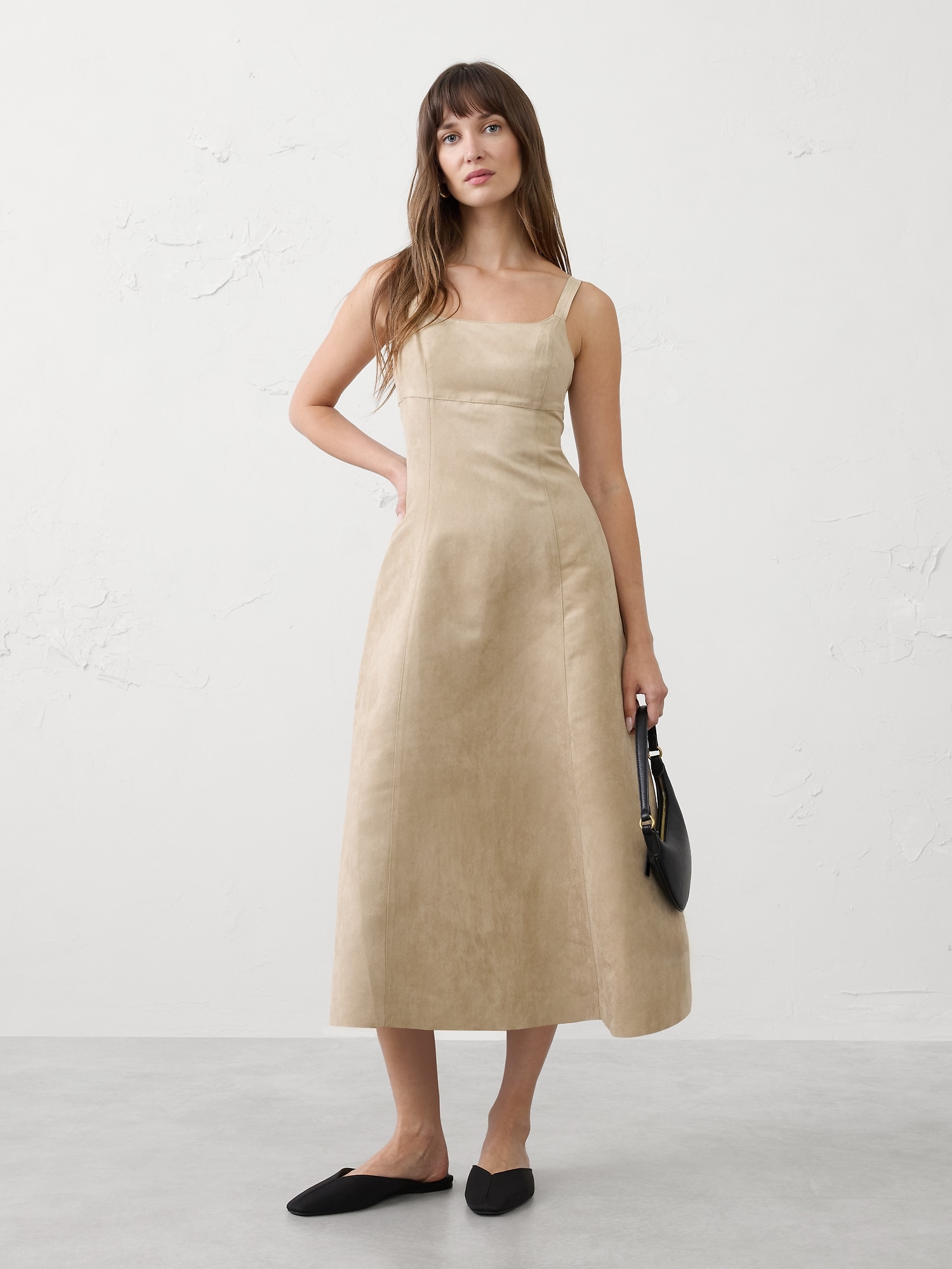 VEGAN SUEDE STRAPPY MIDI DRESS - Stone