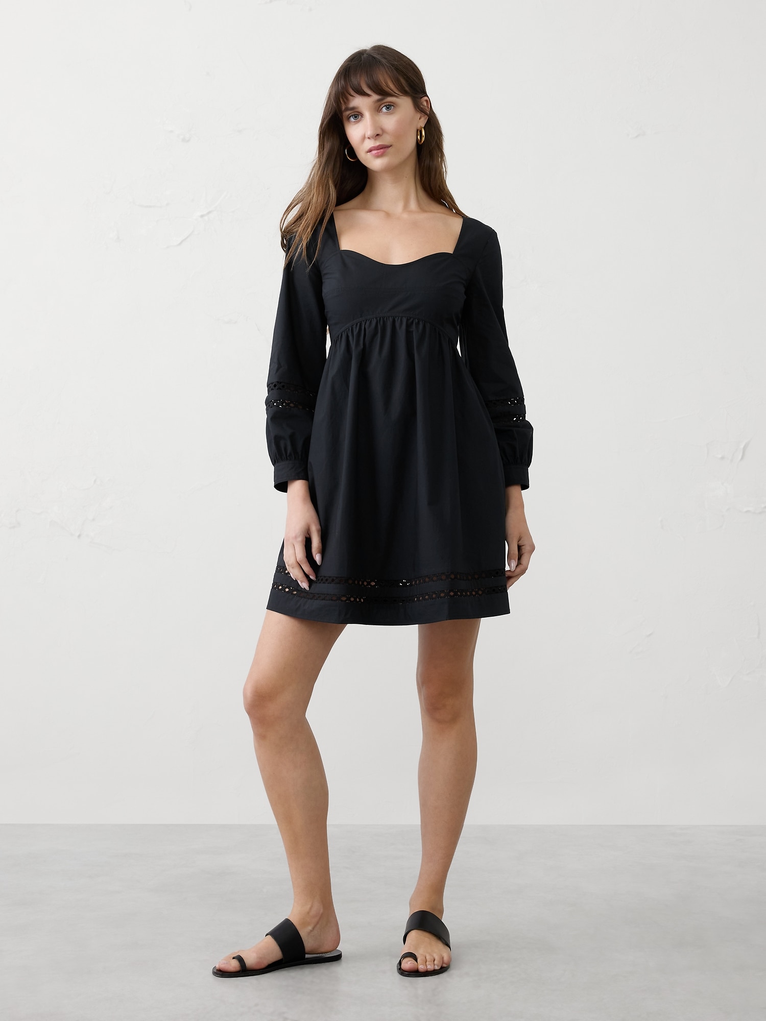 Eyelet Gathered-Waist Mini Dress - Black