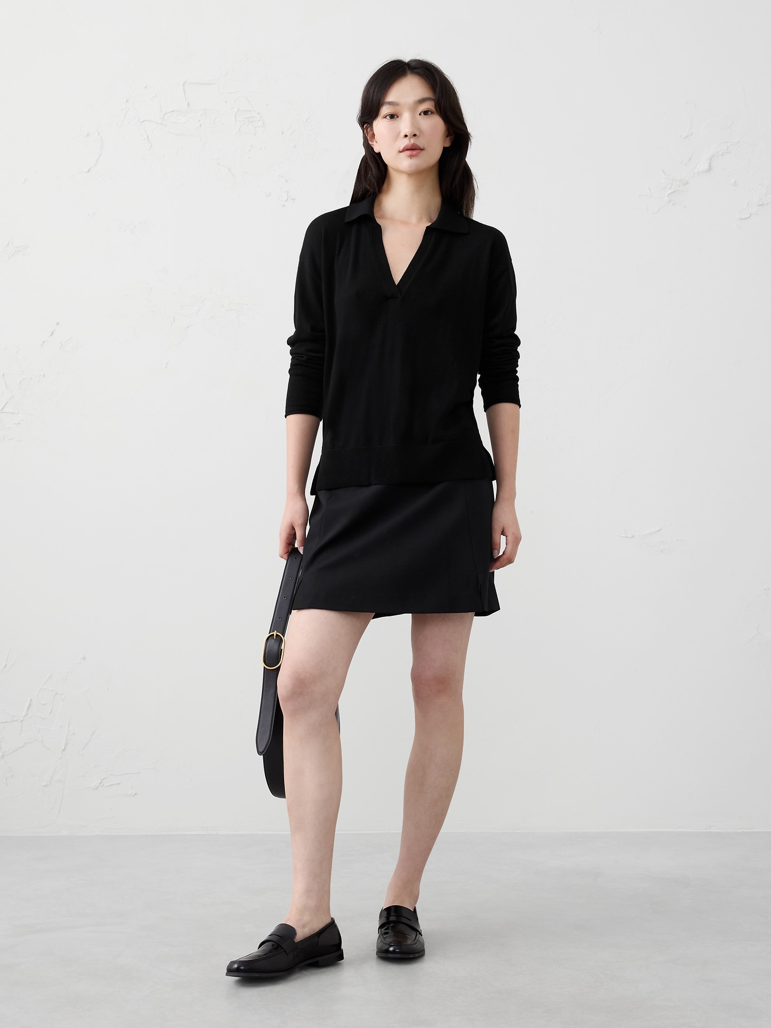 Merino Wool Johnny-Collar Sweater - Black