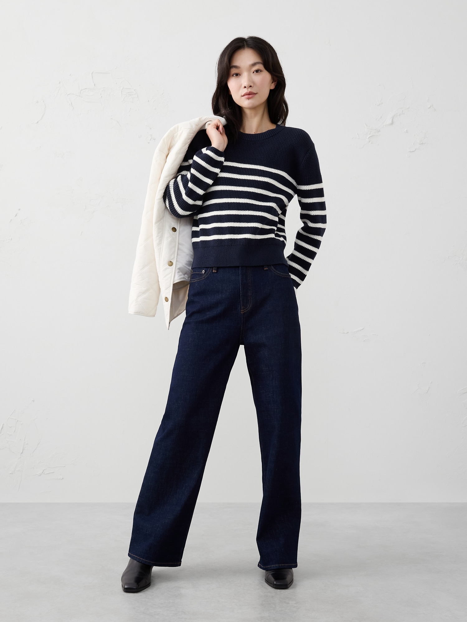 TEXTURED PULLOVER SWEATER - Navy Stripe