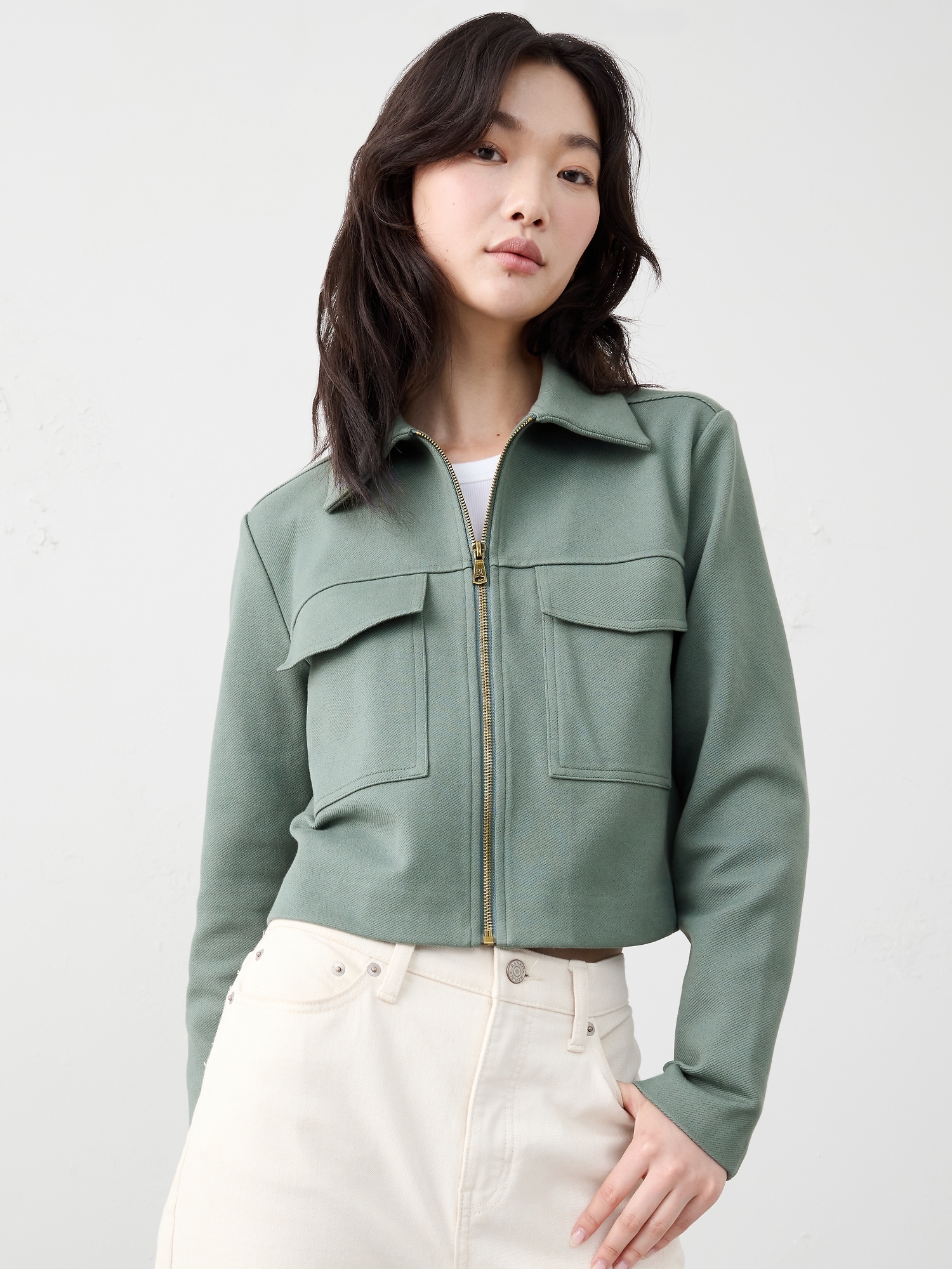 KNIT TWILL CROPPED JACKET - Slate Green