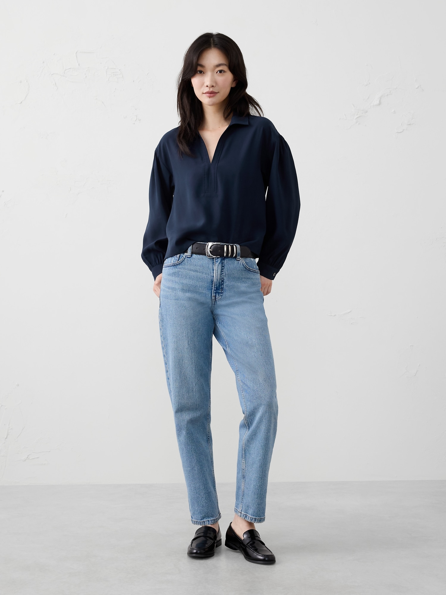 Johnny-Collar Twill Popover Top - Preppy Navy