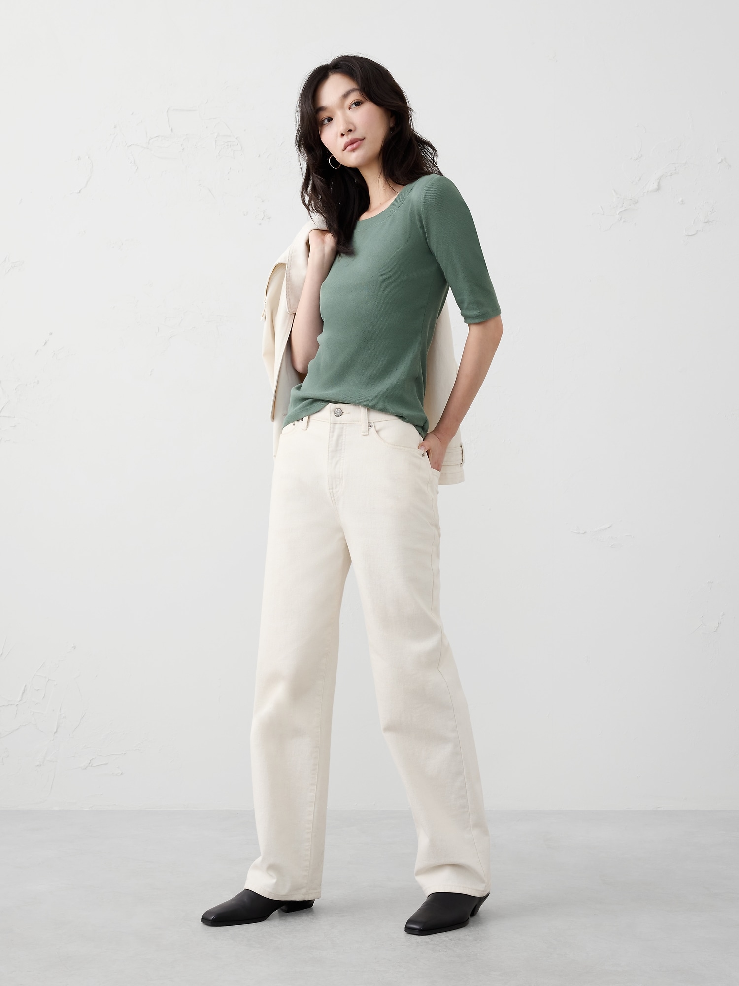 Ribbed Elbow-Sleeve T-Shirt - Slate Green