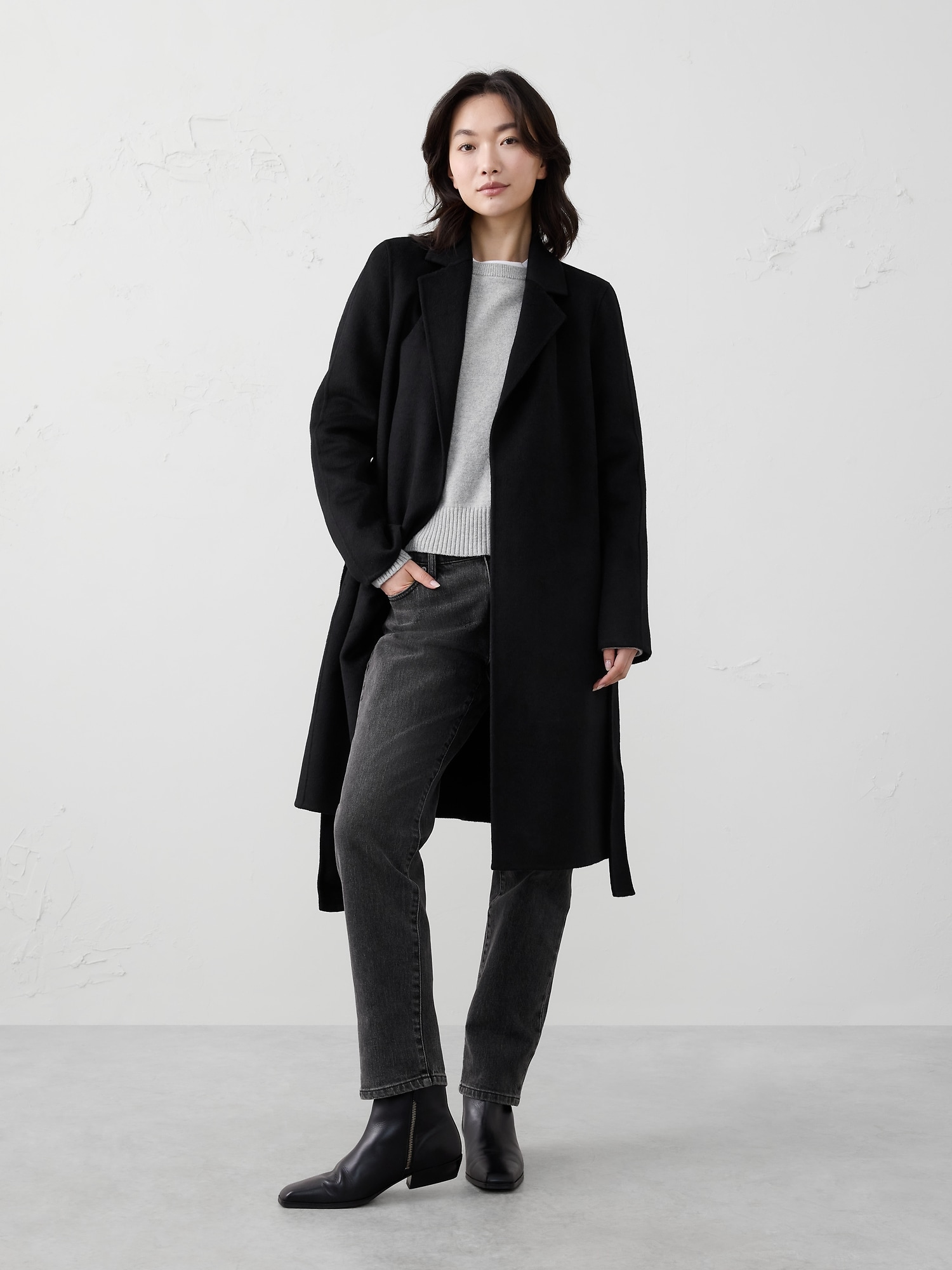 DOUBLE FACE TIE-WAIST COAT - Black