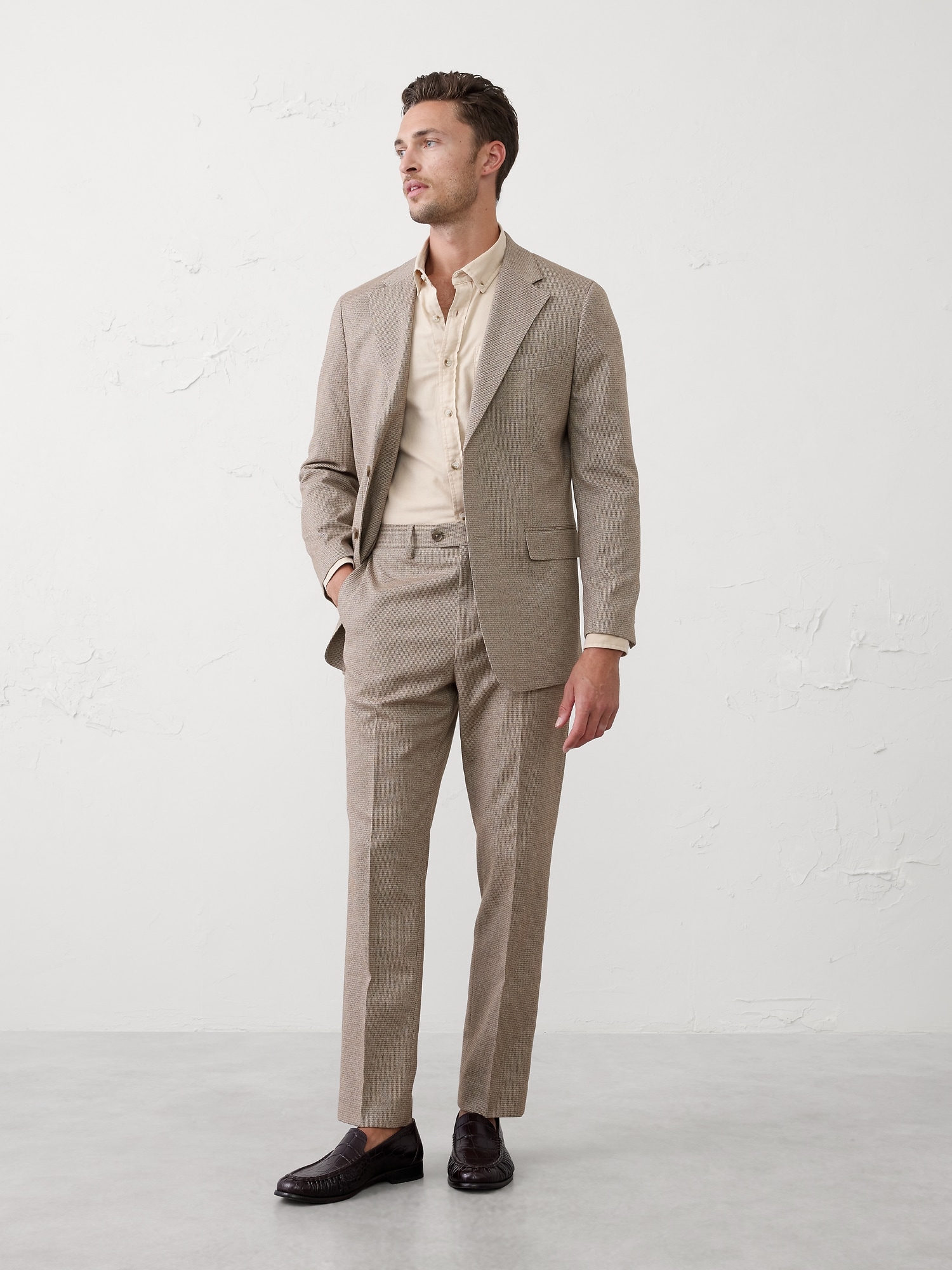 Tailored-Fit Taupe Houndstooth Suit Trouser