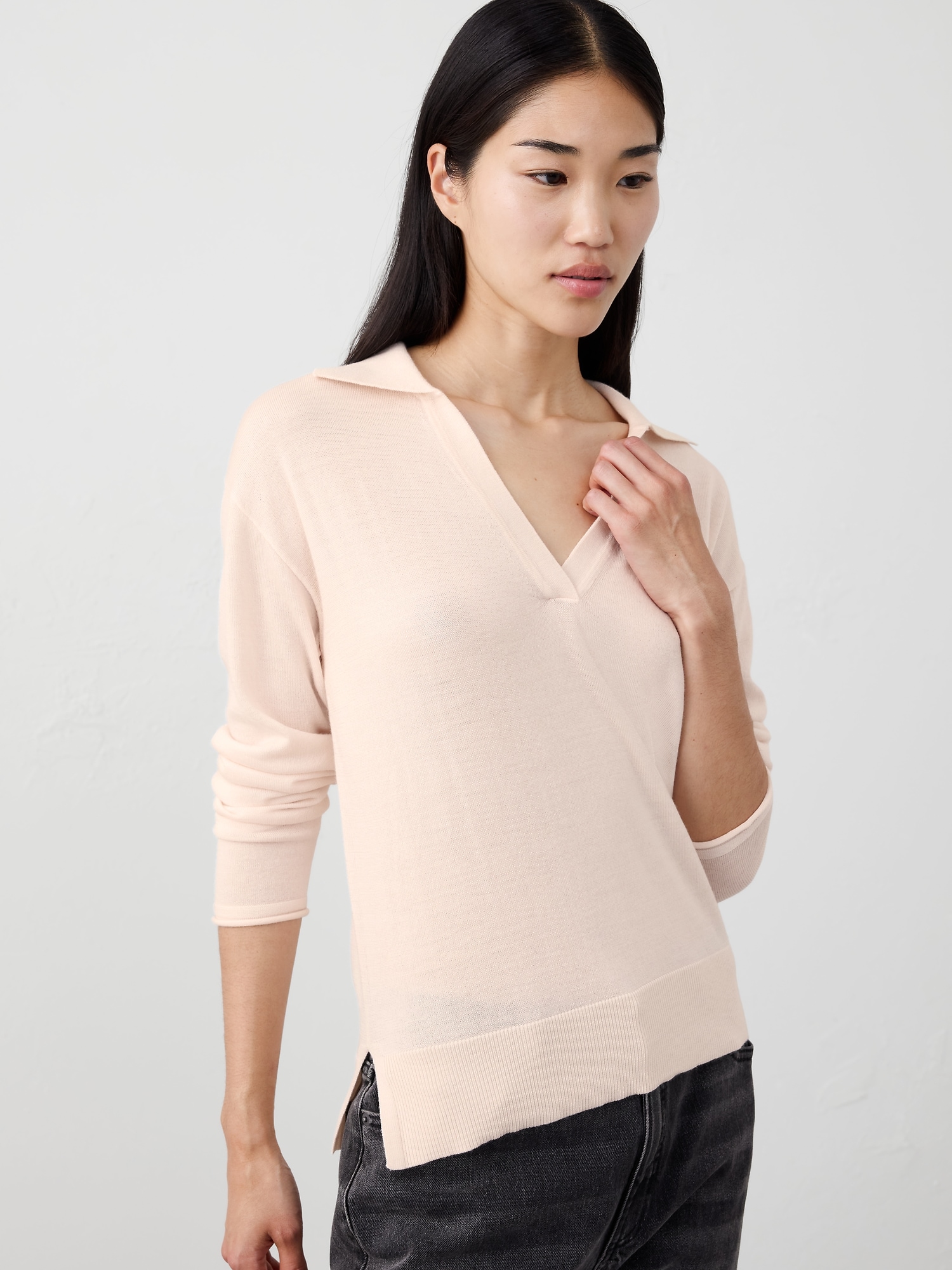 Merino Wool Johnny-Collar Sweater - Transition Cream
