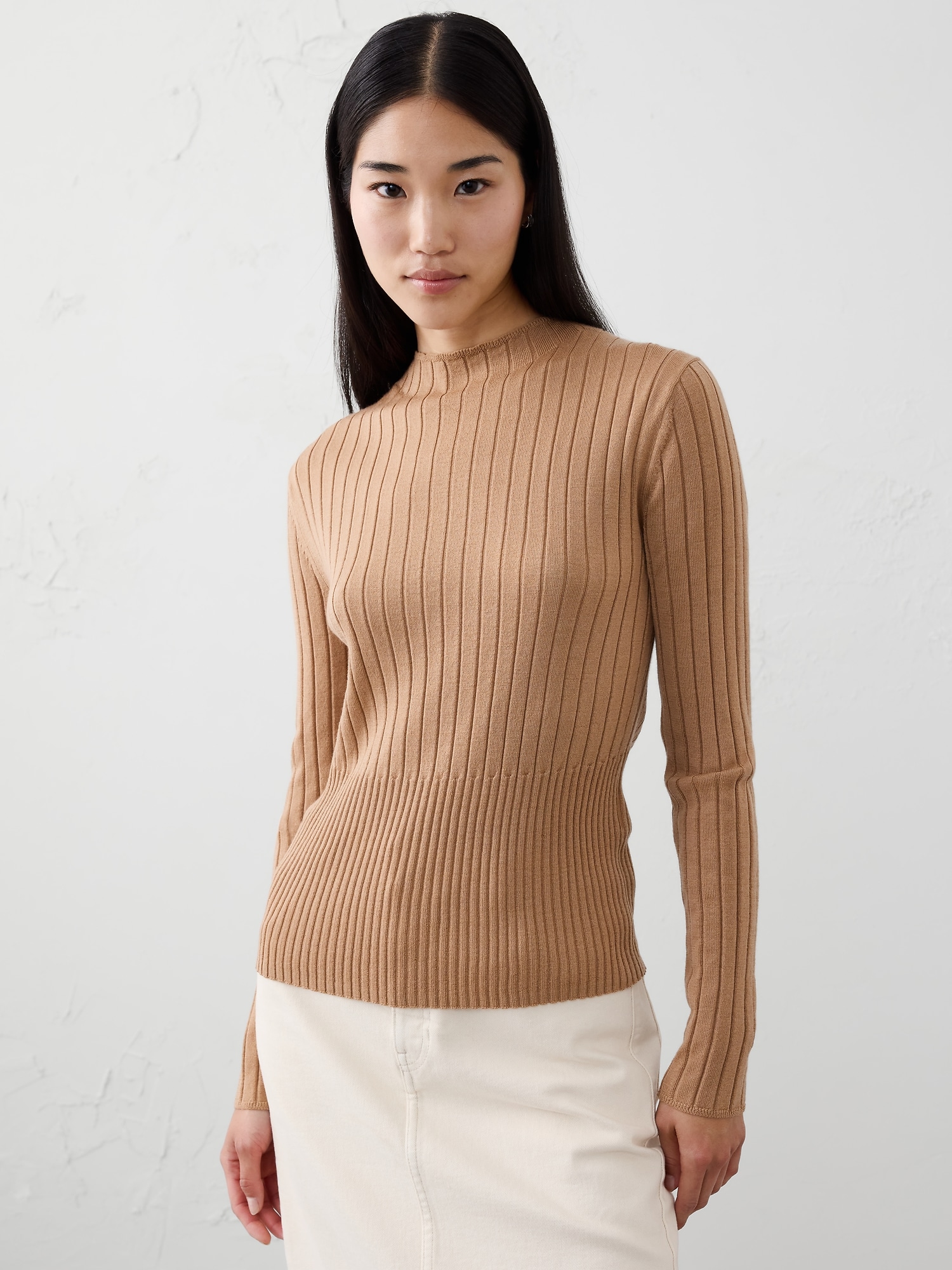 MERINO WOOL RIBBED SWEATER - Camel