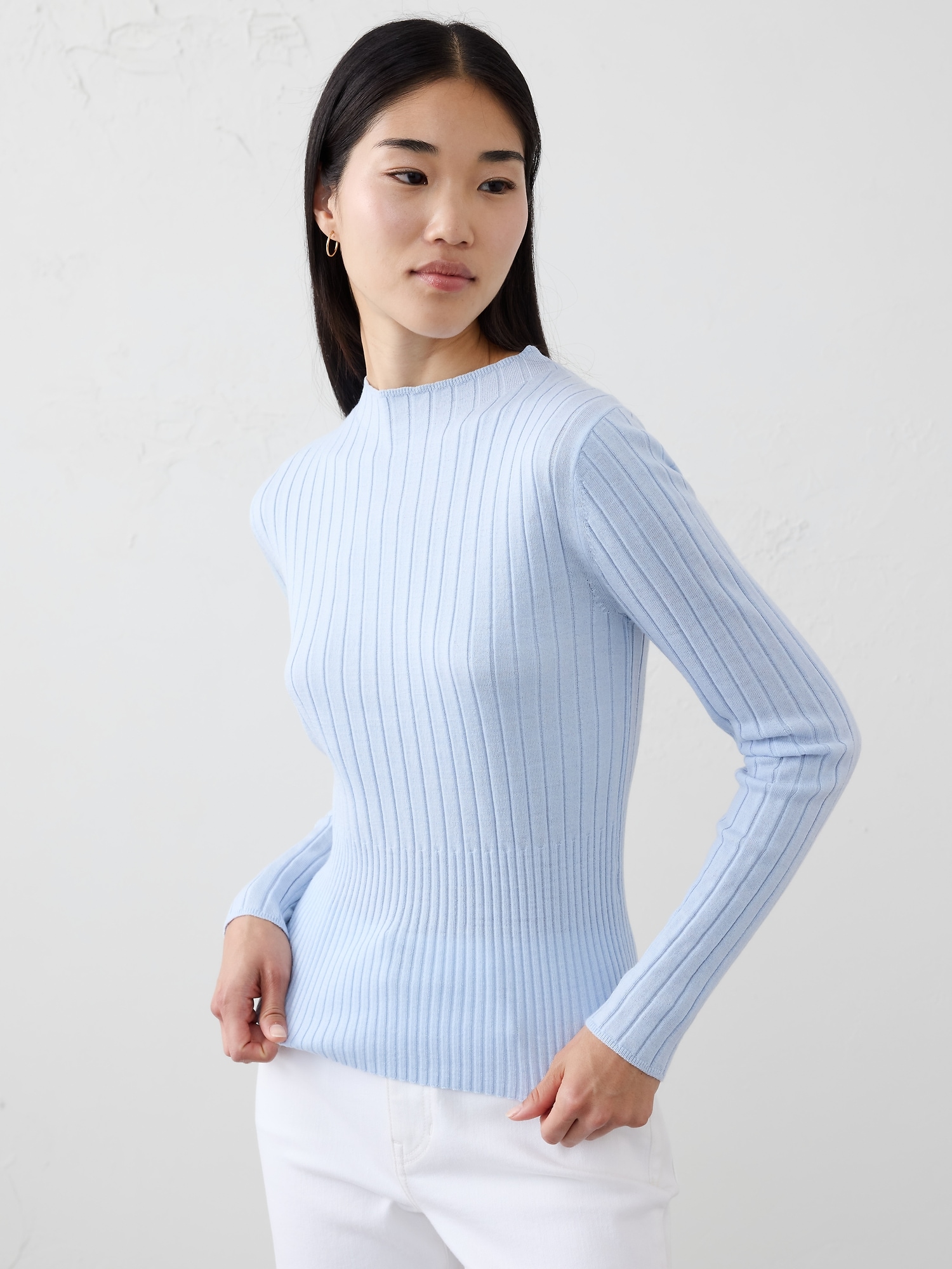 MERINO WOOL RIBBED SWEATER - Bicoastal Blue