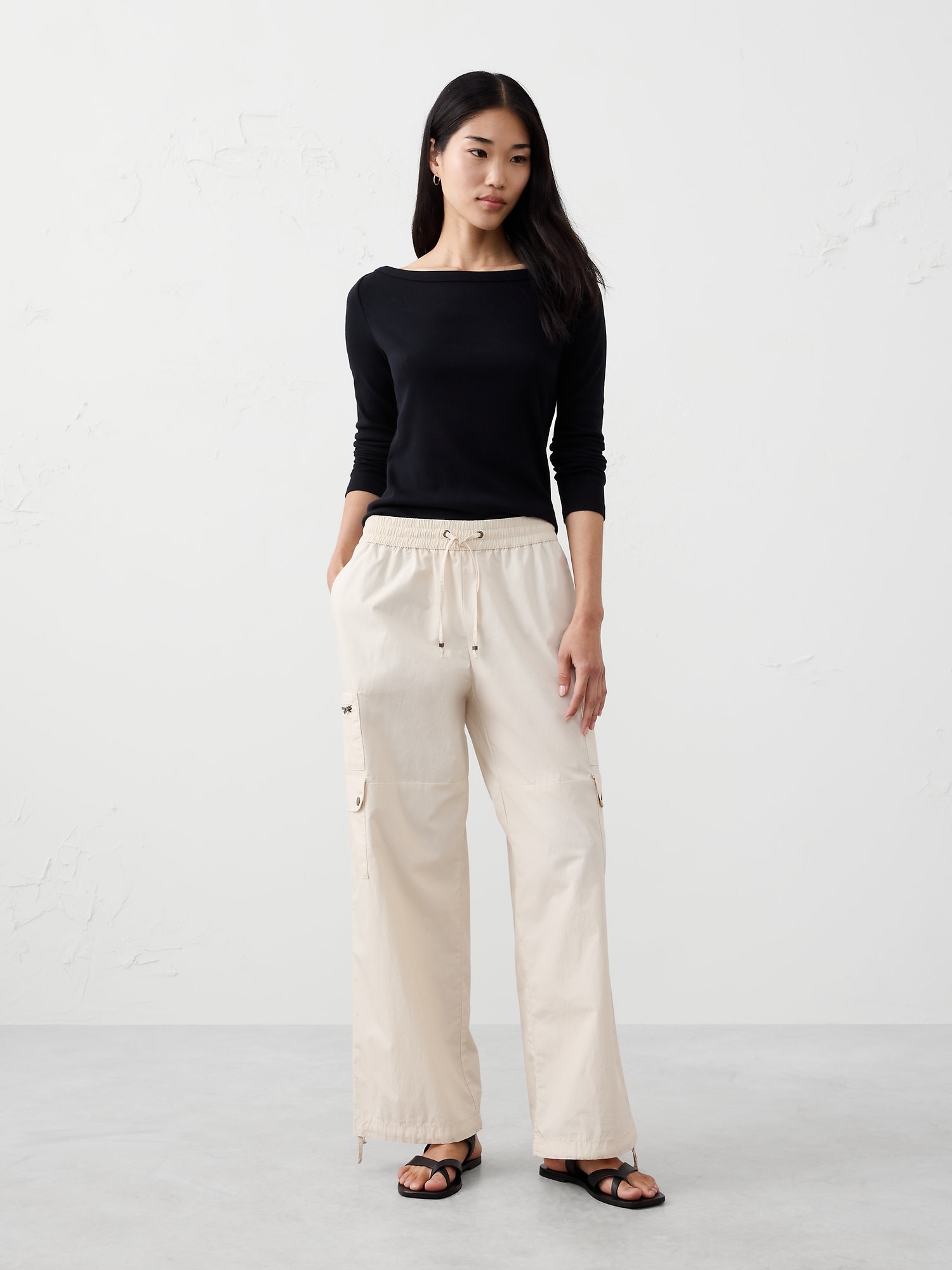 Image number 1 showing, Straight High-Rise Poplin Pull-On Pant