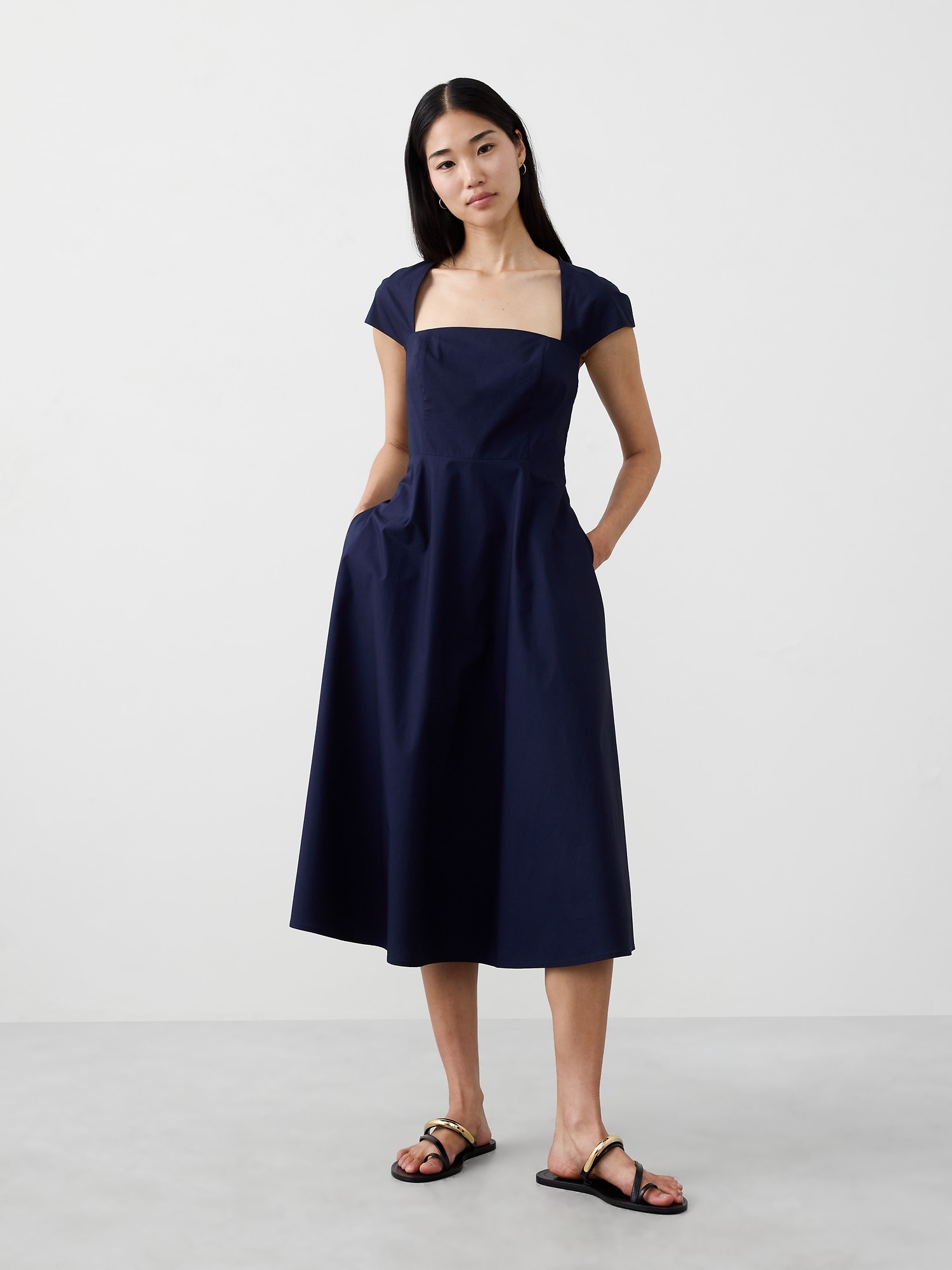 SQUARE-NECK MIDI DRESS - Preppy Navy