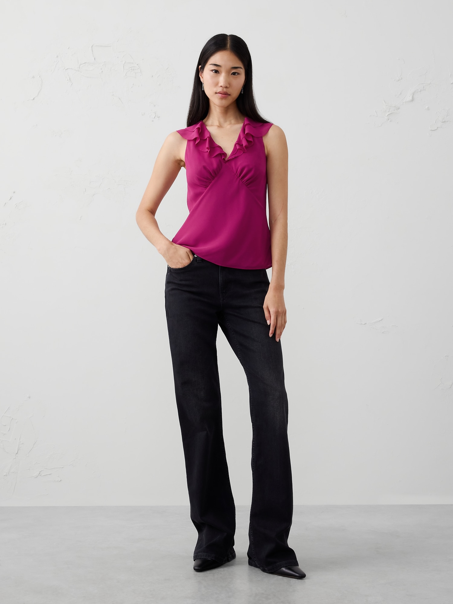 Image number 1 showing, RUFFLE V-NECK CHIFFON TOP
