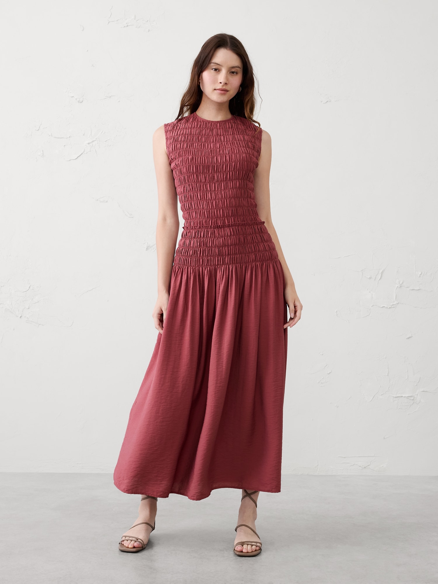 Smocked Bodice Maxi Dress - Red