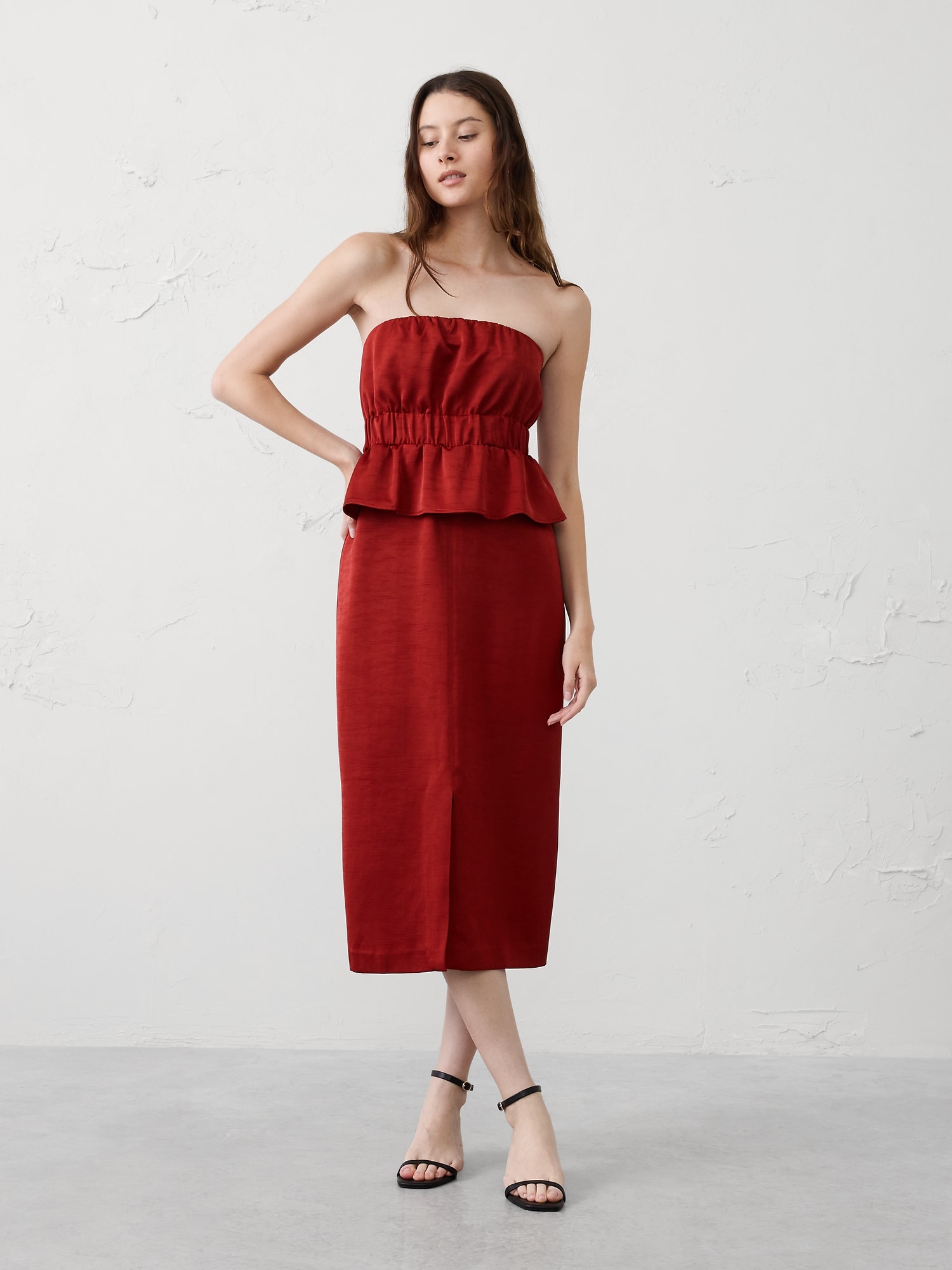 Strapless Peplum Midi Dress