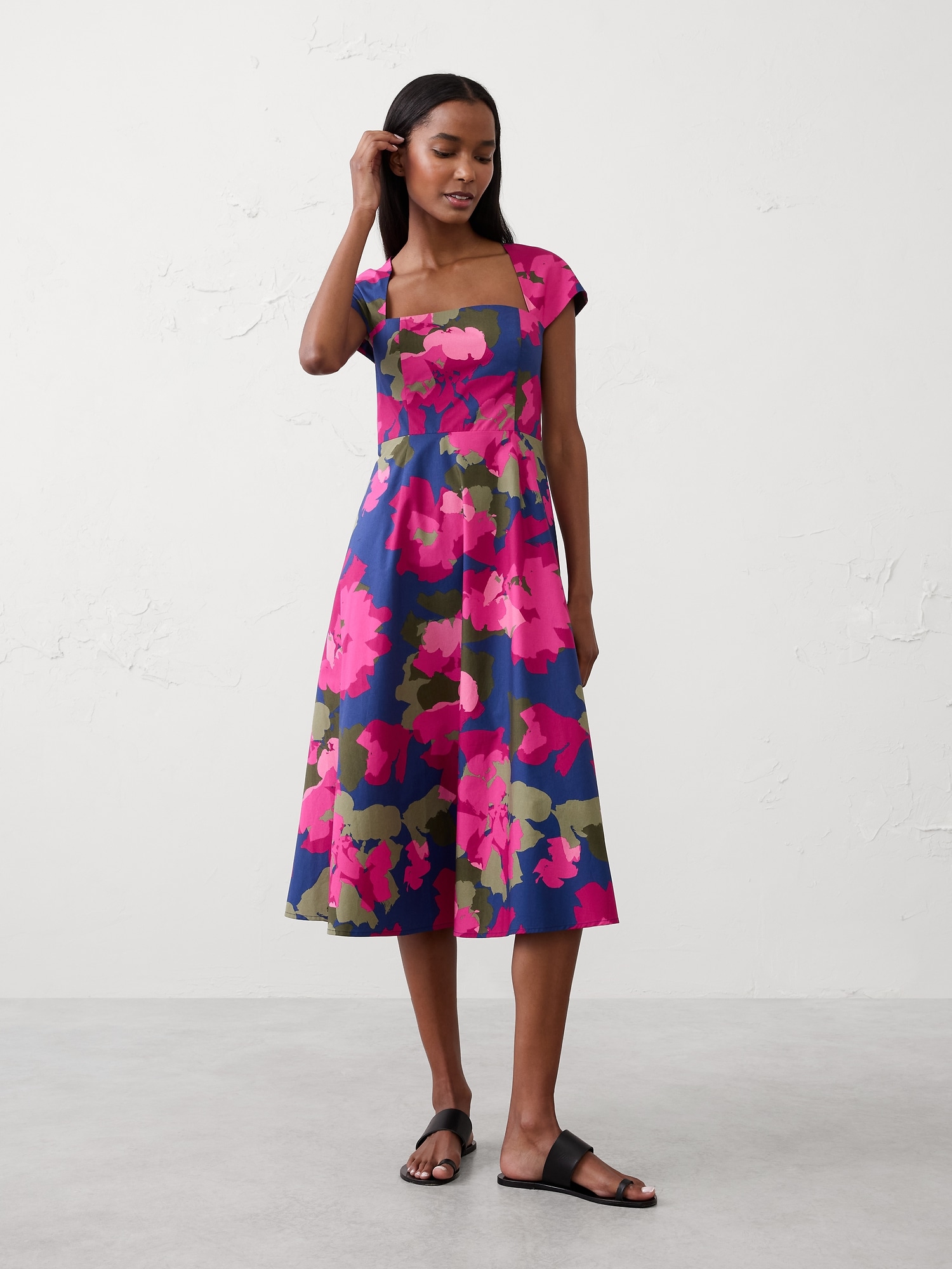 SQUARE-NECK MIDI DRESS - Brushstroke Multi