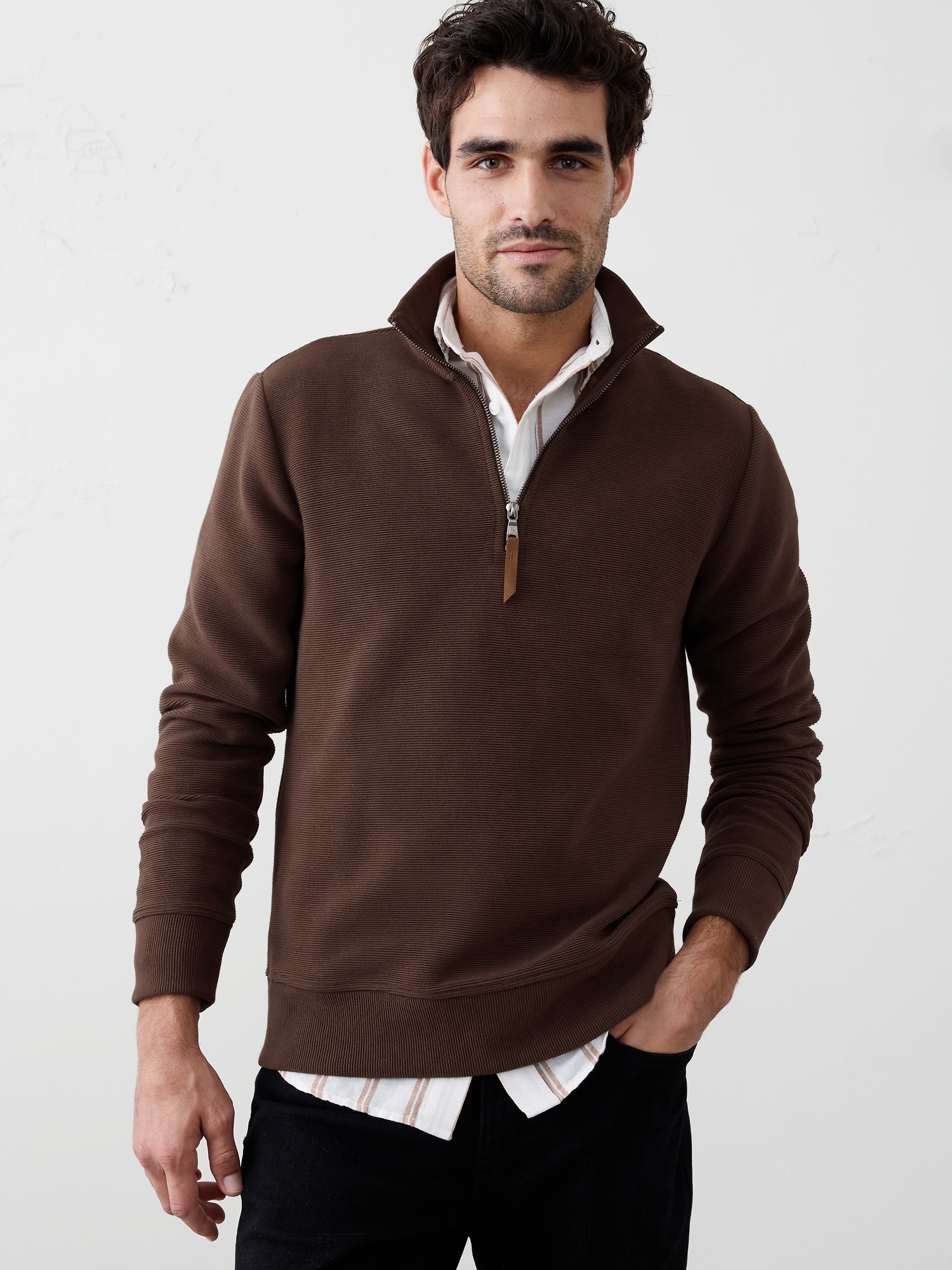 Knit Mock-Neck Half-Zip Sweatshirt - Brown