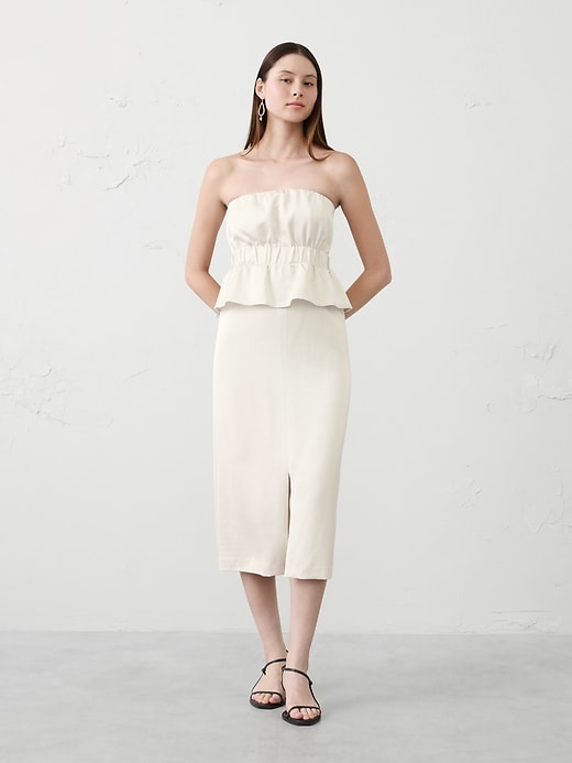 knee length dresses for ladies Strapless Peplum Midi Dress