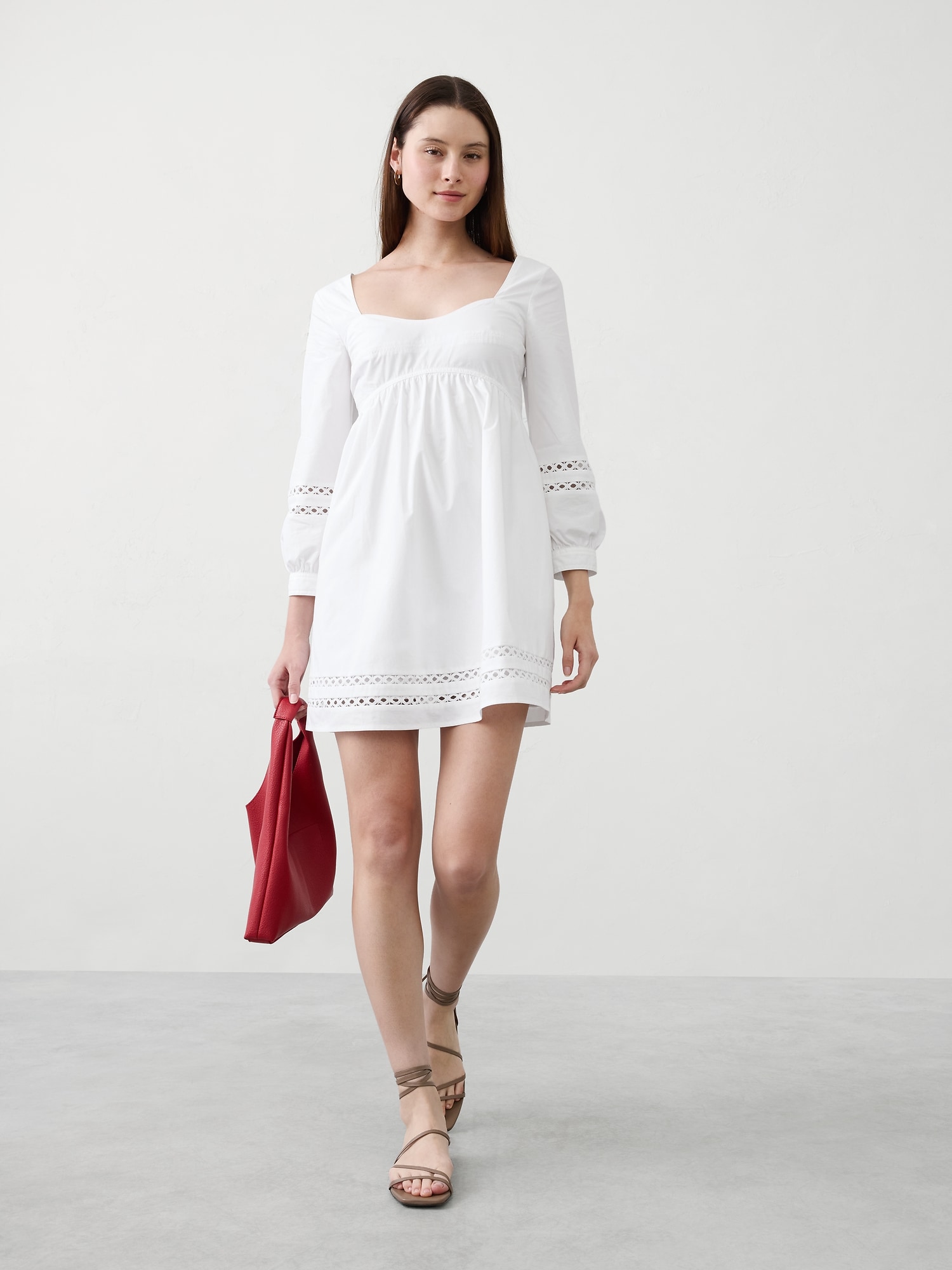 Eyelet Gathered-Waist Mini Dress - White