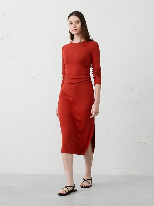 side shirred knit midi dress Soft Luxe Shirred-Side Midi Dress