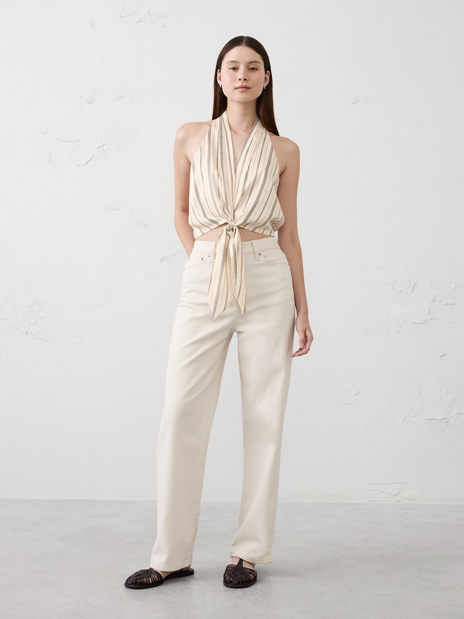 Silky Tie-Front Top - Beige