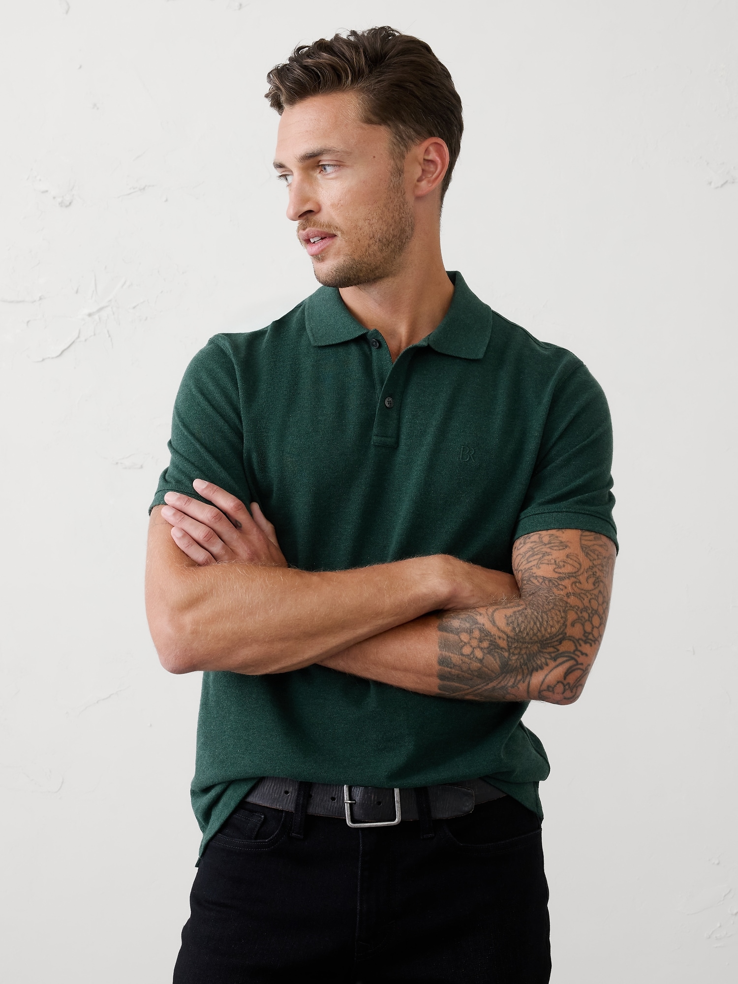 Cotton Pique Polo - Dark Green Heather