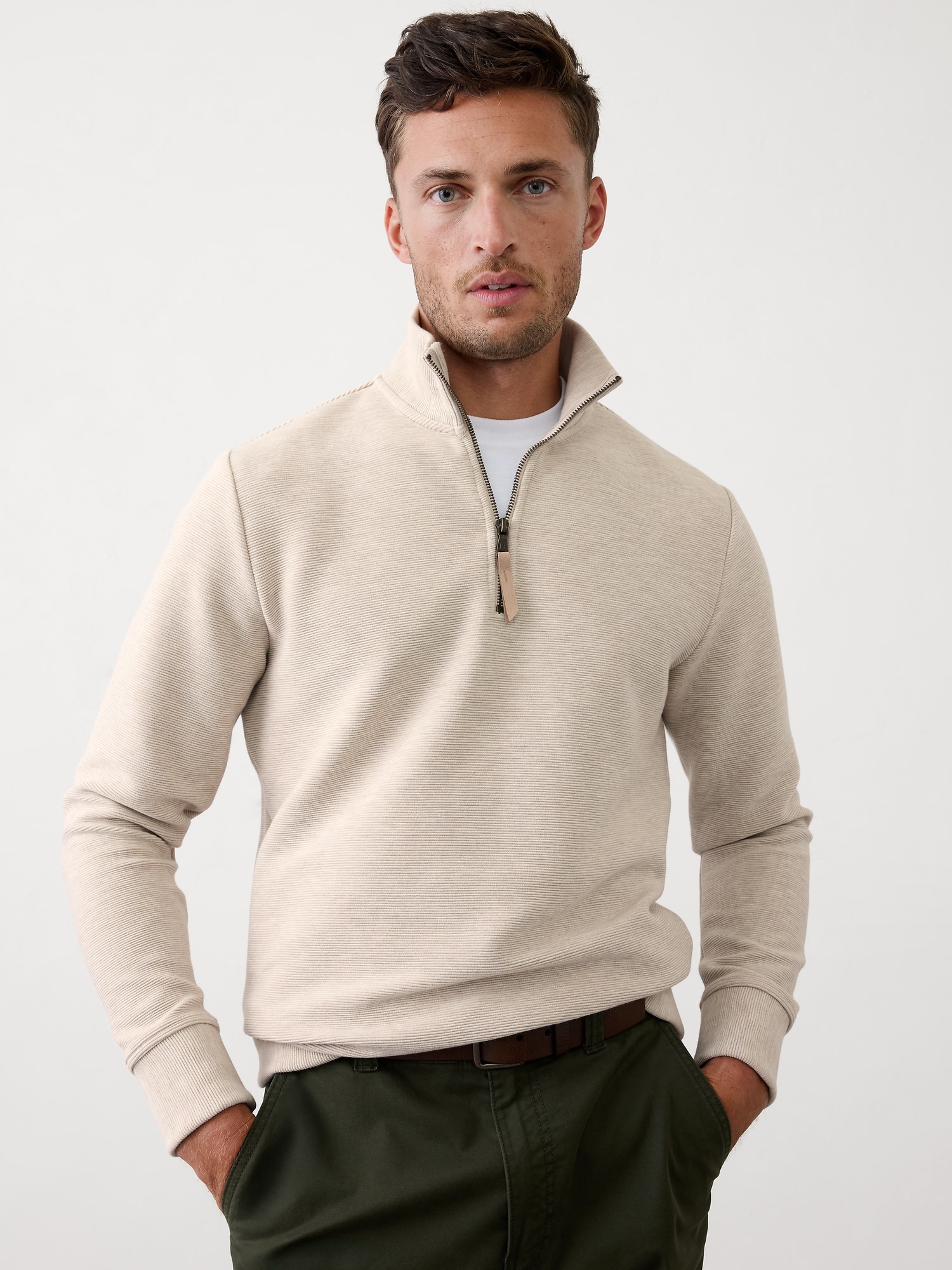 Knit Mock-Neck Half-Zip Sweatshirt - Oatmeal Heather