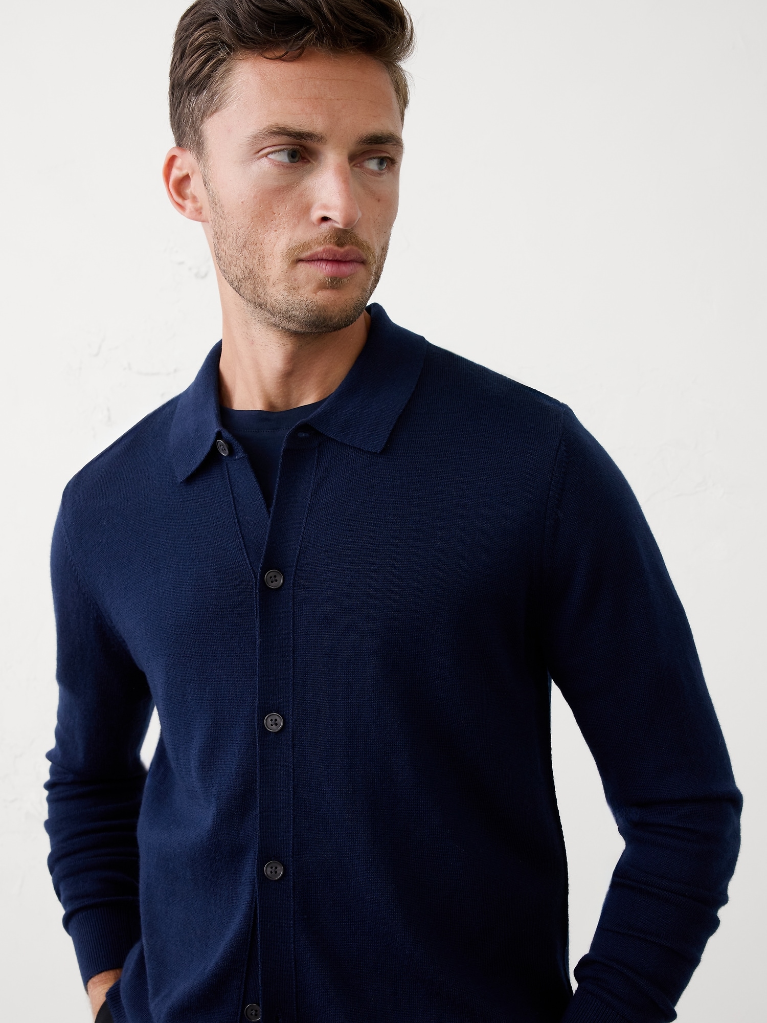 Image number 3 showing, MERINO WOOL BUTTON-THROUGH POLO SWEATER