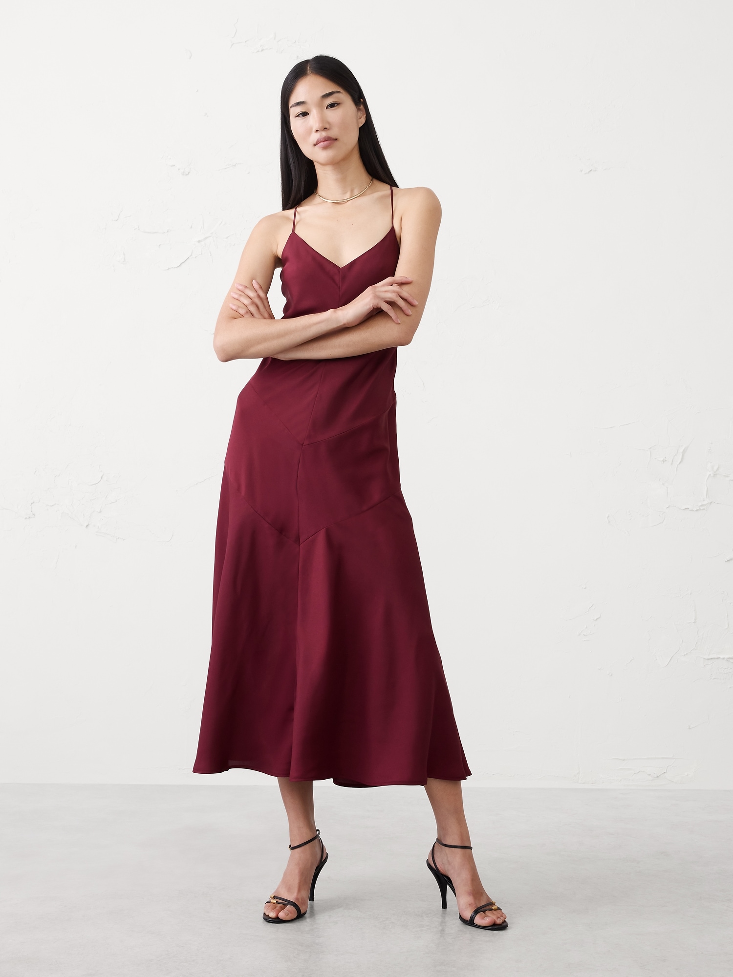 Strappy V-Panel Midi Dress - Bright Wine