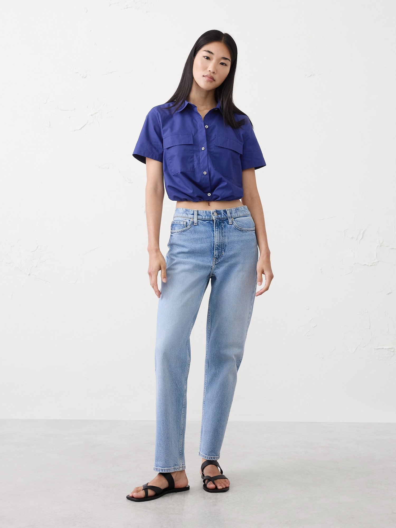 Pocketed Cropped Shirt - Drizzle Blue