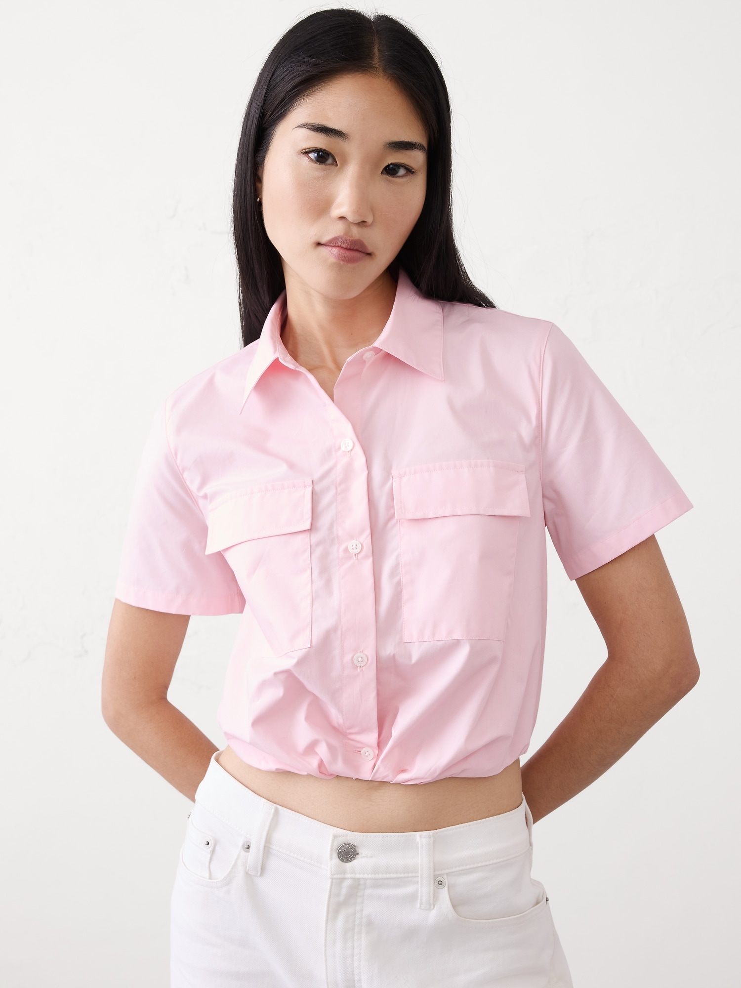 Pocketed Cropped Shirt - Washed Pink
