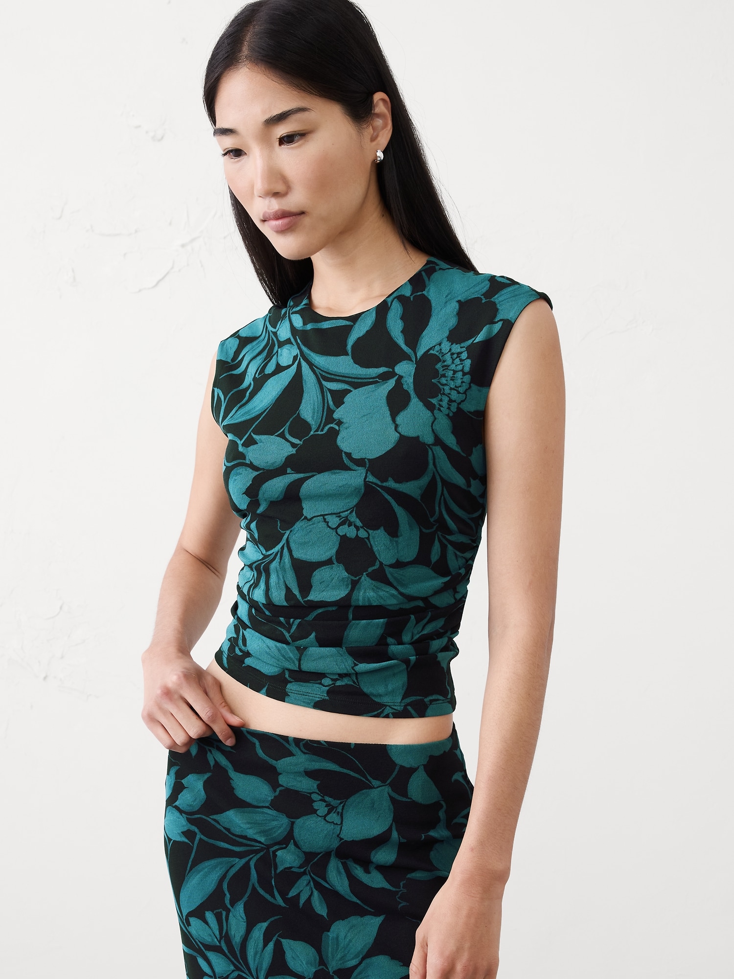 Side Shirred Mesh Top - Green Floral