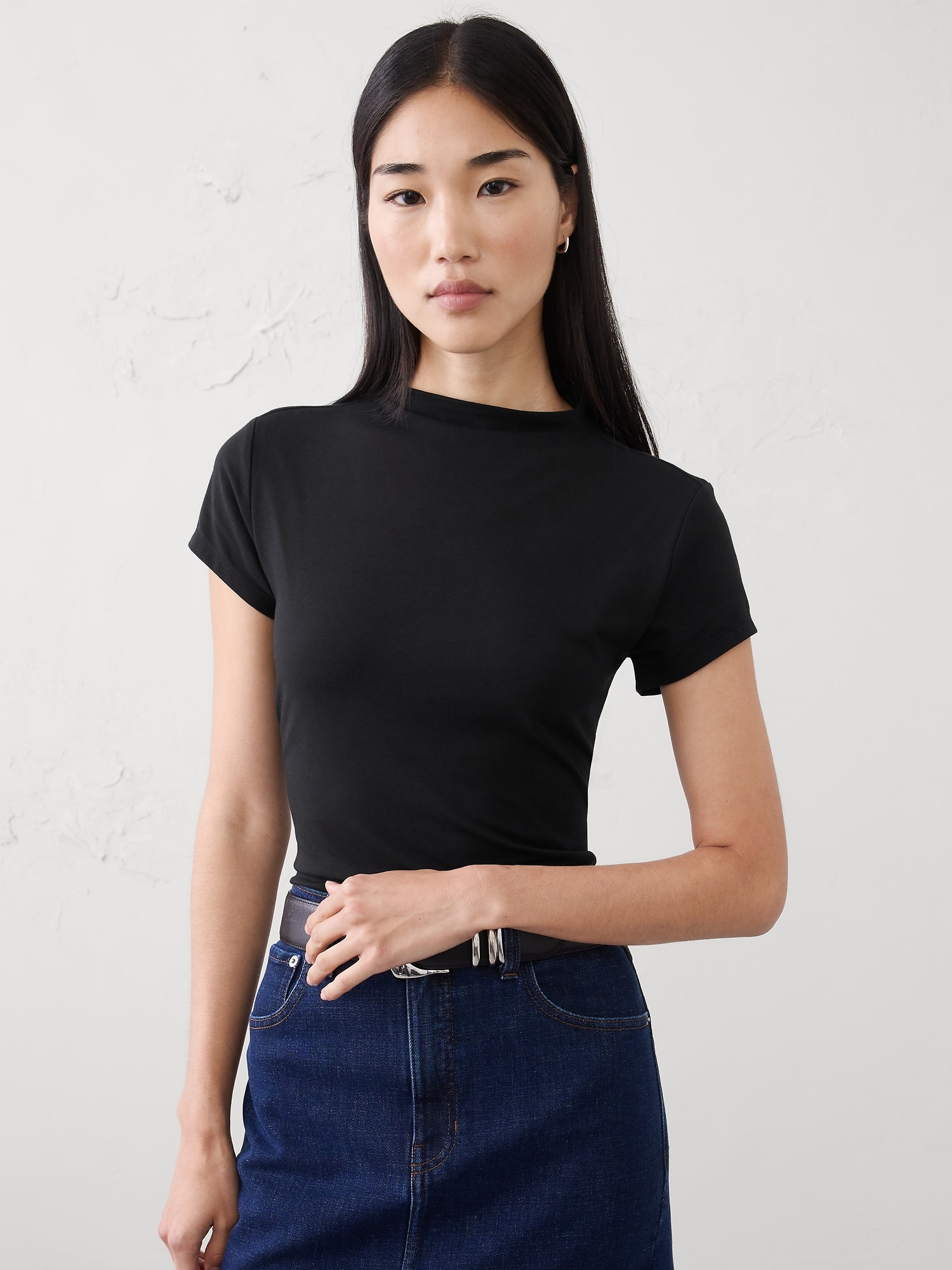 Image number 1 showing, SOFT STRETCH MOCK-NECK TOP