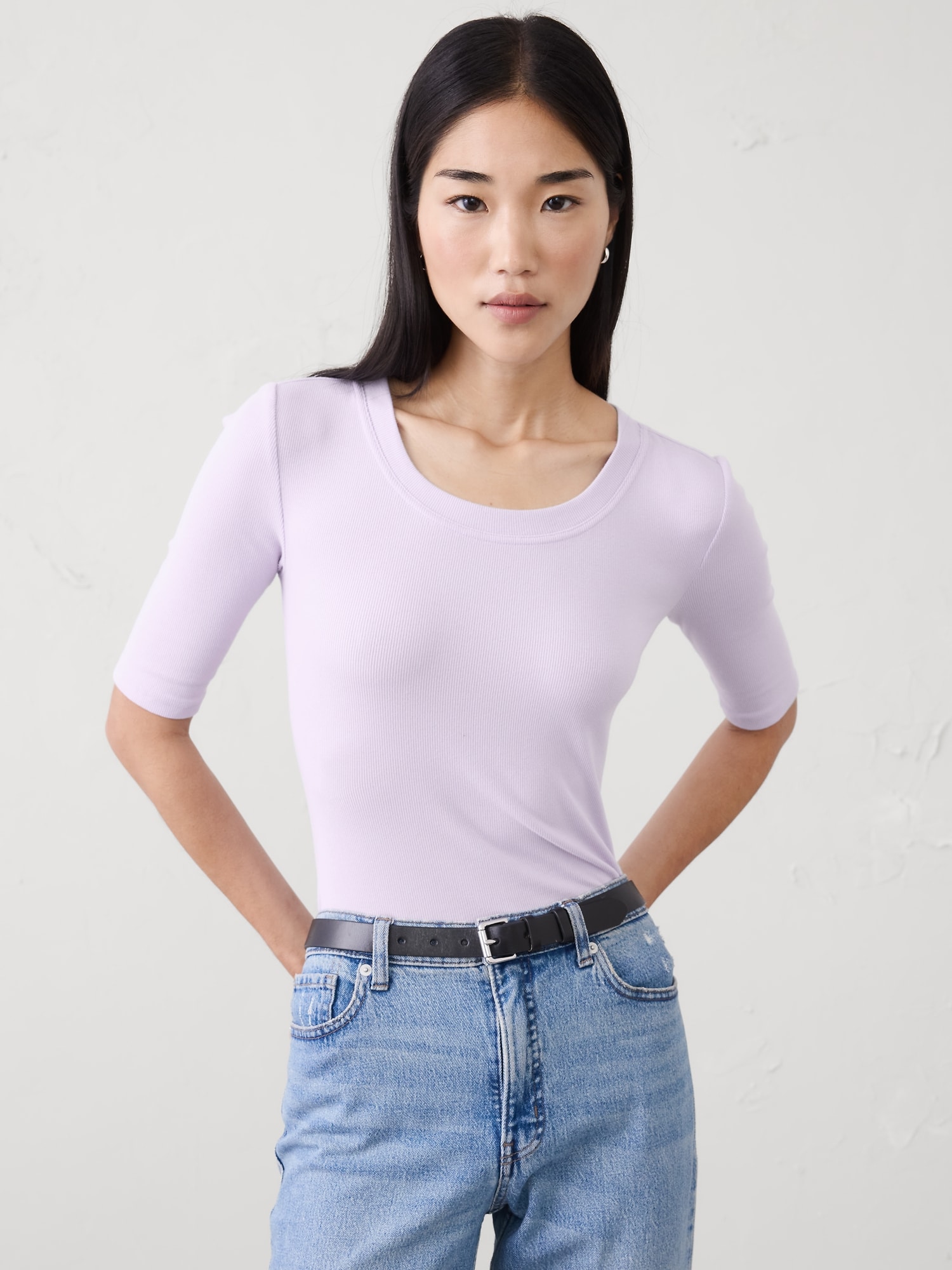 Ribbed Elbow-Sleeve T-Shirt - Lilac Sea