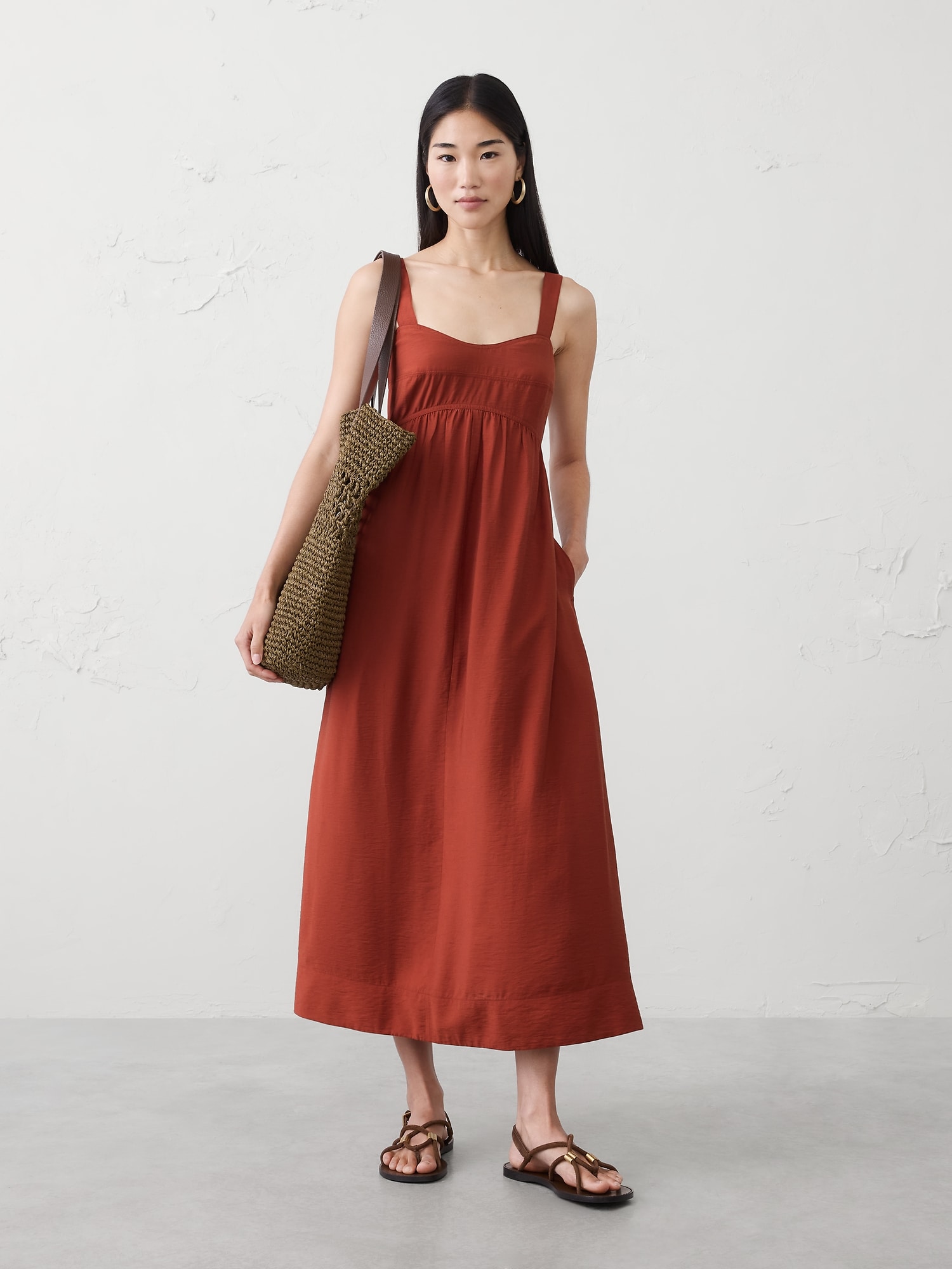 Gathered Empire-Waist Midi Dress - Tandoori Red
