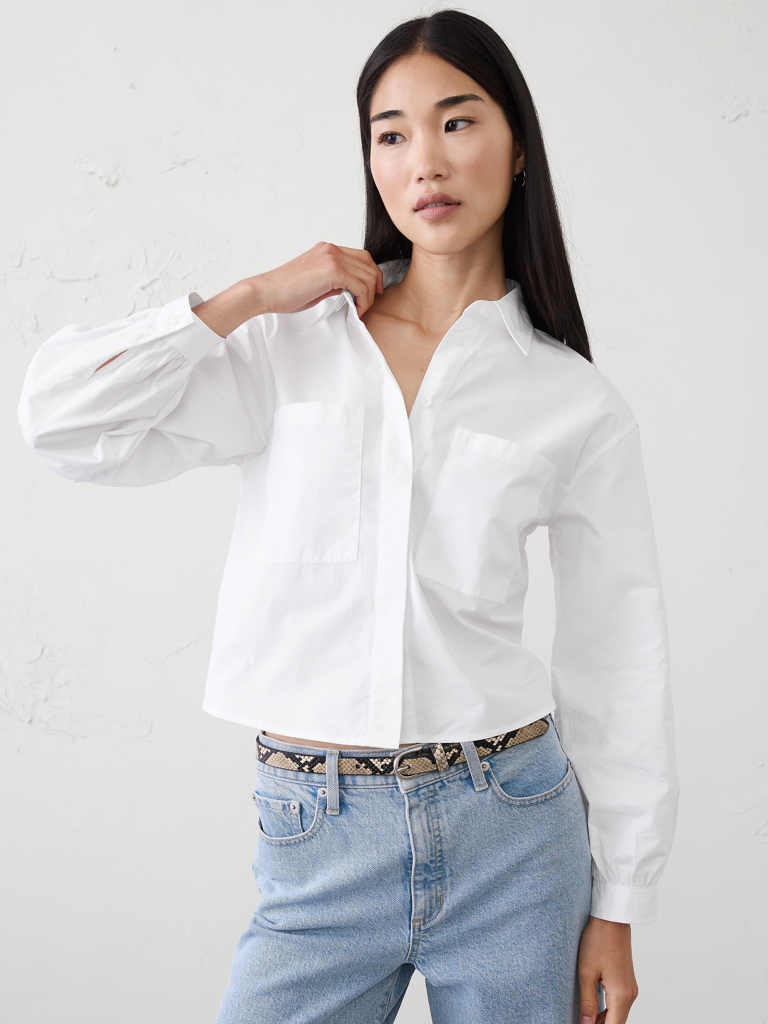 CROPPED DOUBLE POCKET SHIRT - White