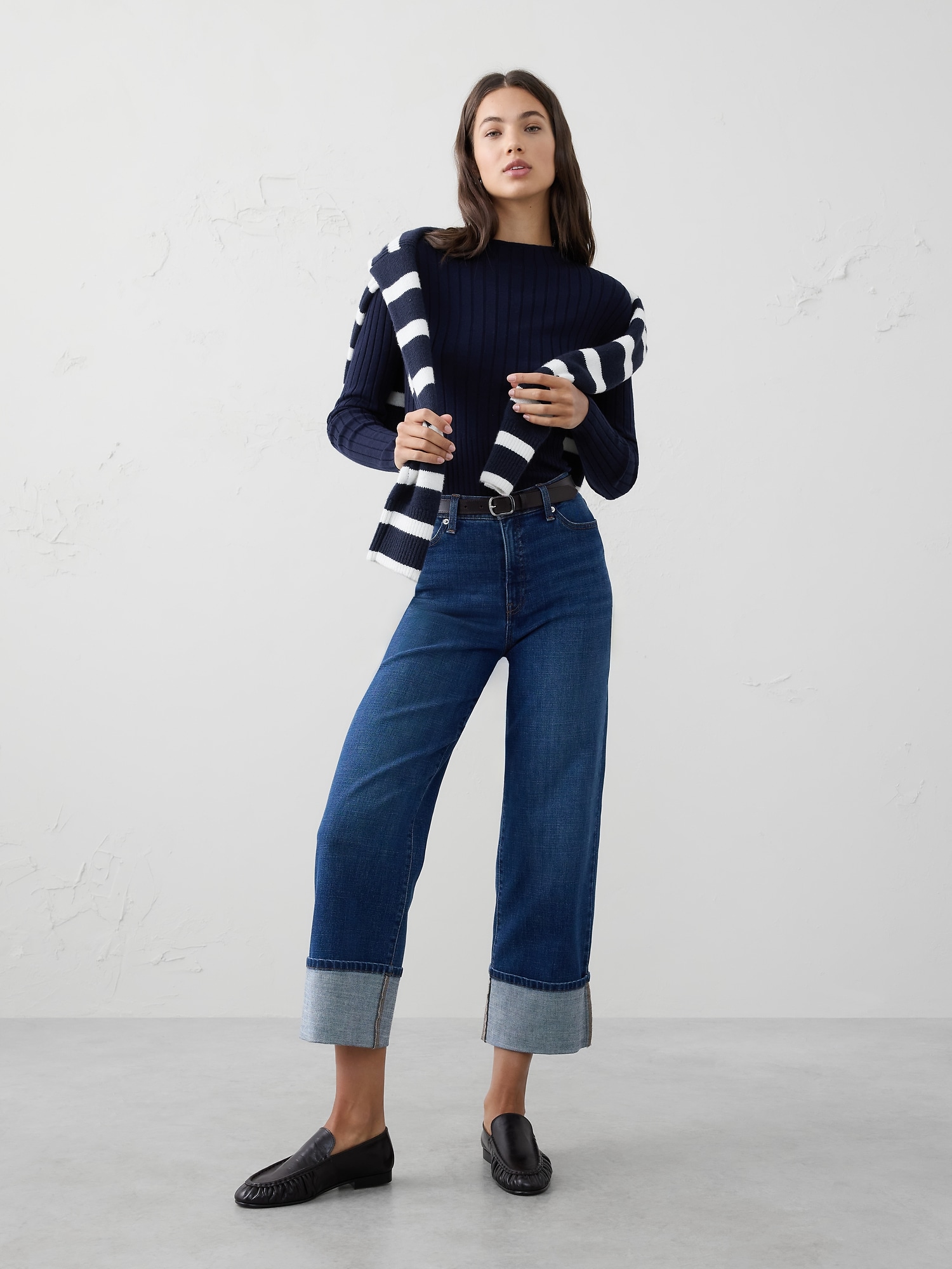 MERINO WOOL RIBBED SWEATER - Preppy Navy