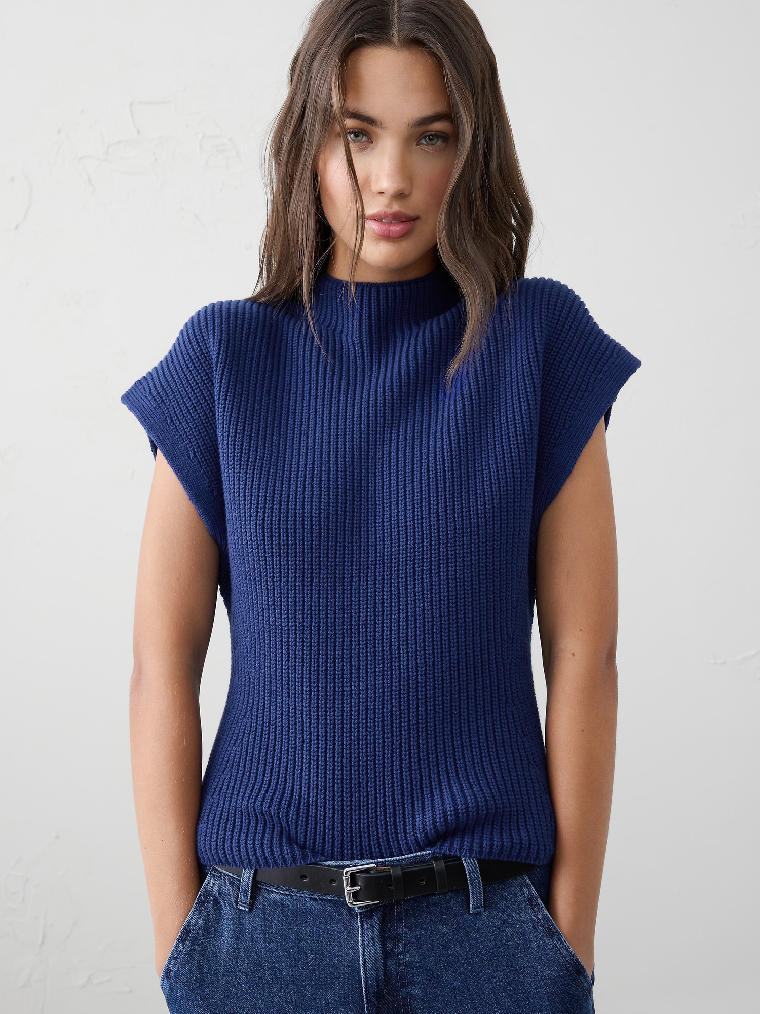 RIBBED MOCK-NECK SWEATER SHELL - Drizzle Blue
