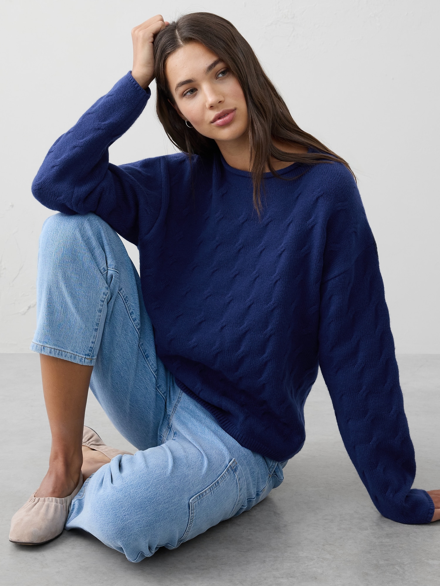 Cable Roll-Neck Sweater - Drizzle Blue