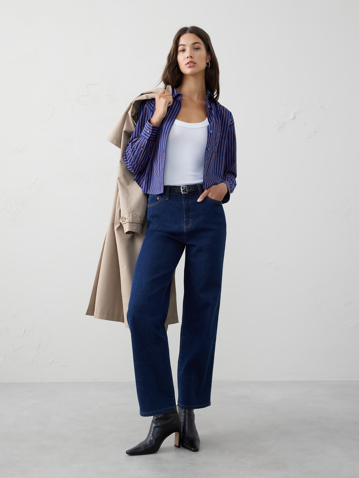 Boxy Button-Down Shirt - Navy Multi Stripe