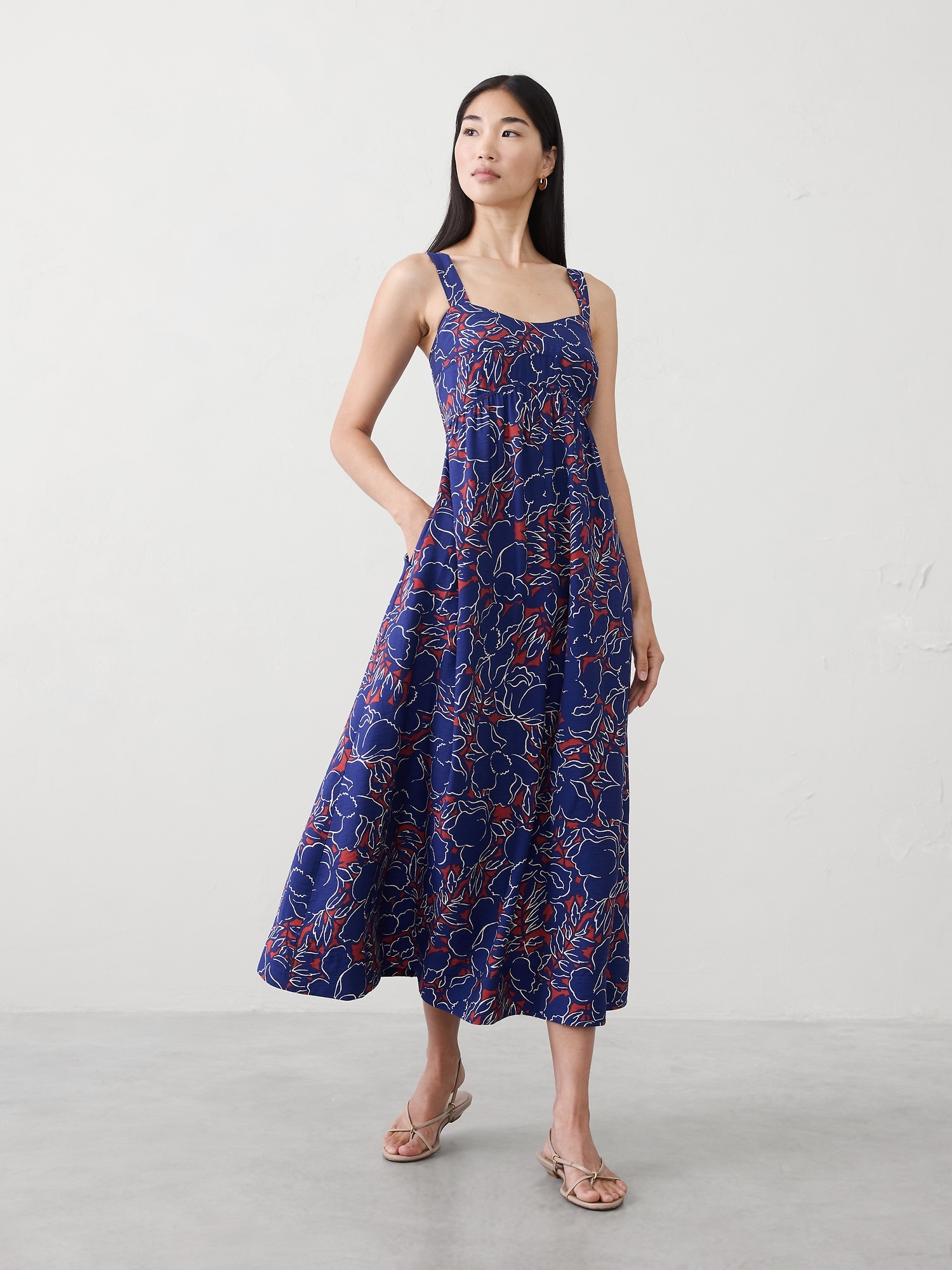 Gathered Empire-Waist Midi Dress - Navy Floral