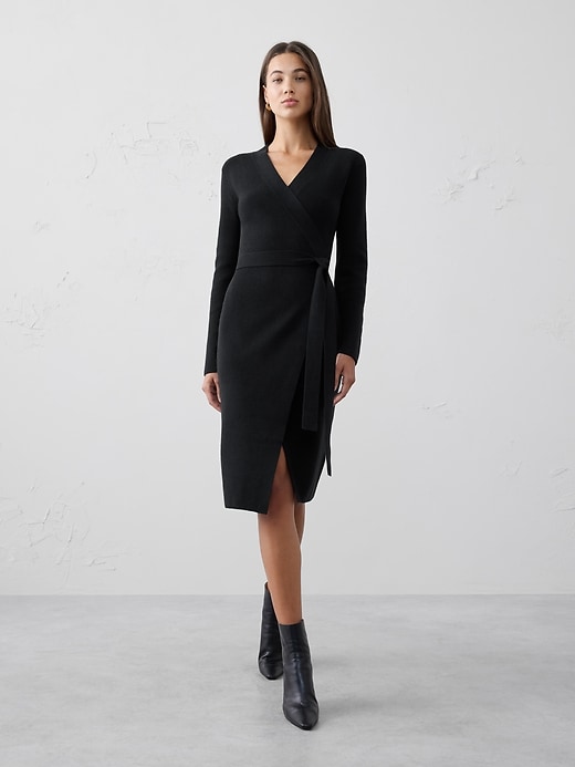 knee length dresses for ladies Tie Waist Belted Long Sleeve Faux Wrap Sweater Dress