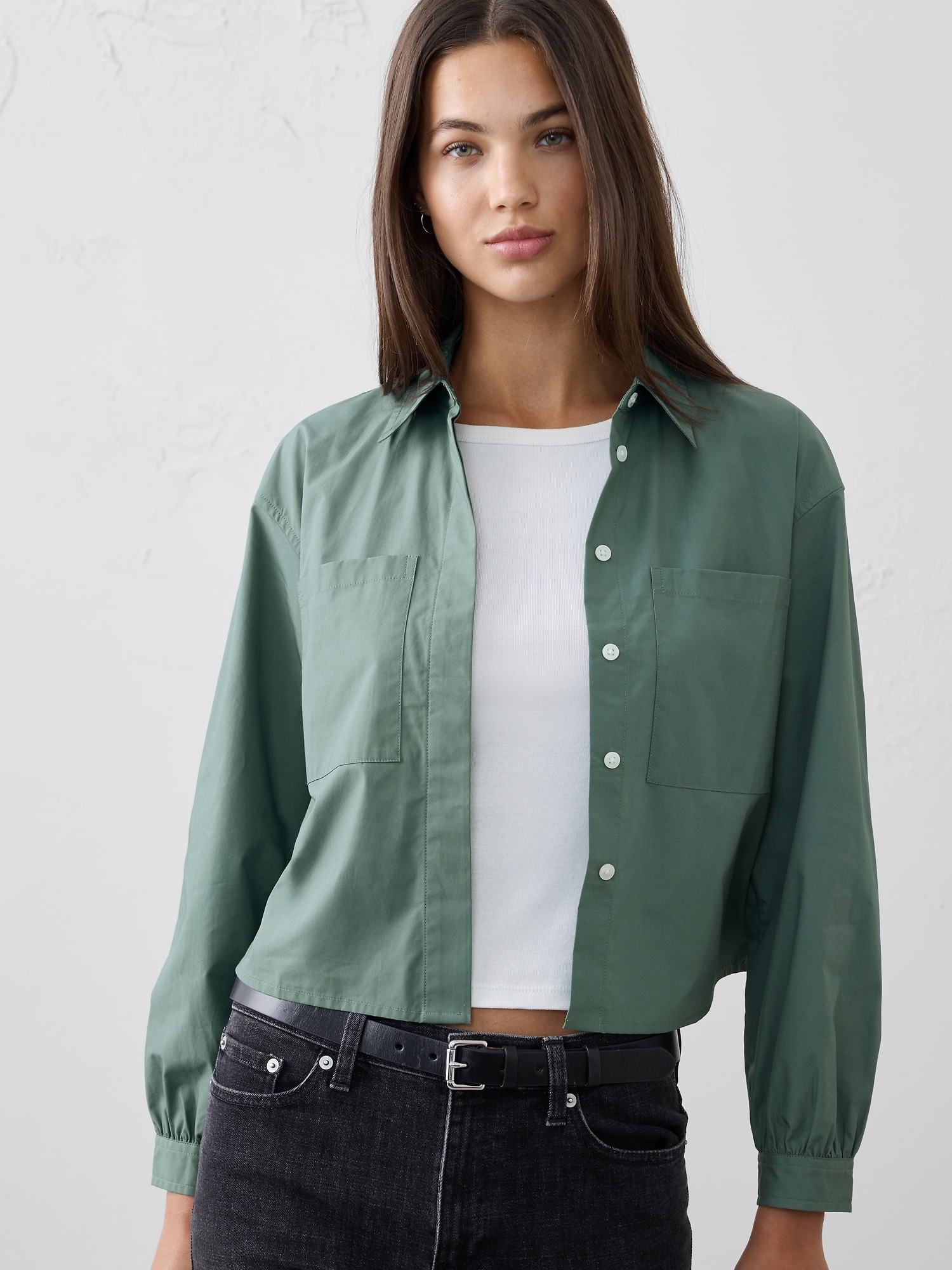 CROPPED DOUBLE POCKET SHIRT - Slate Green