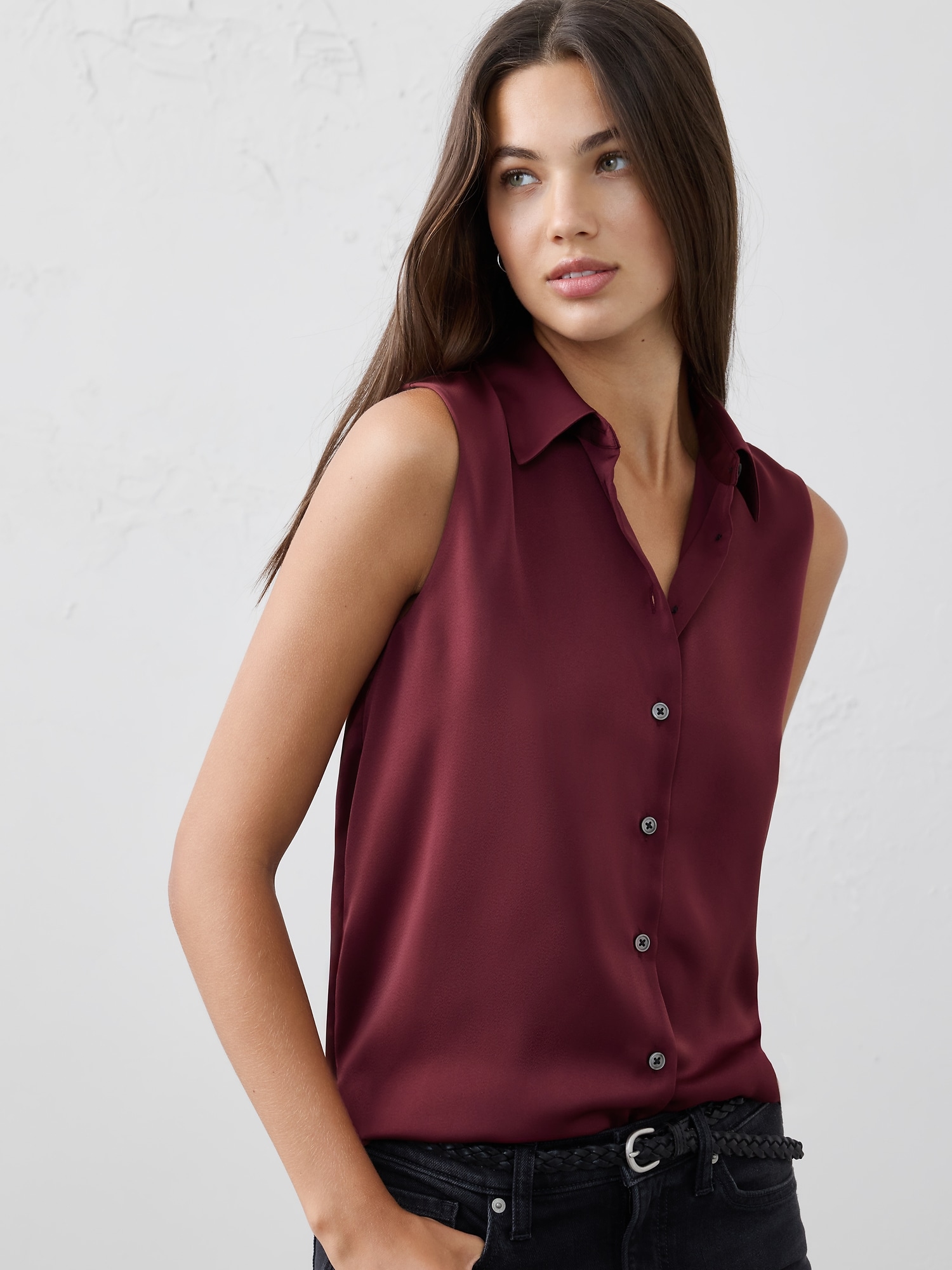 Silky Collared Top - Bright Wine