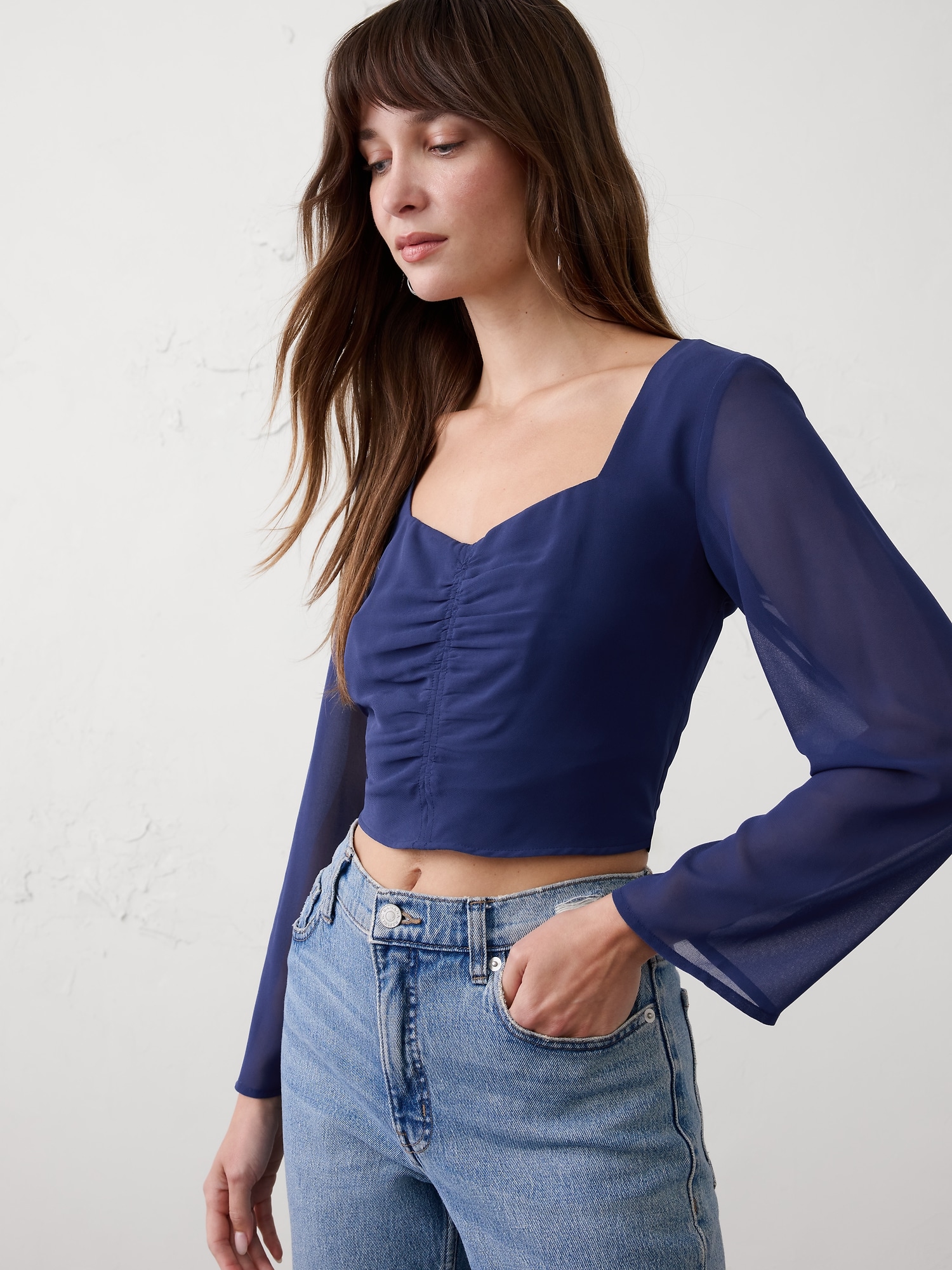 Cropped Shirred Sweetheart-Neck Top - Drizzle Blue